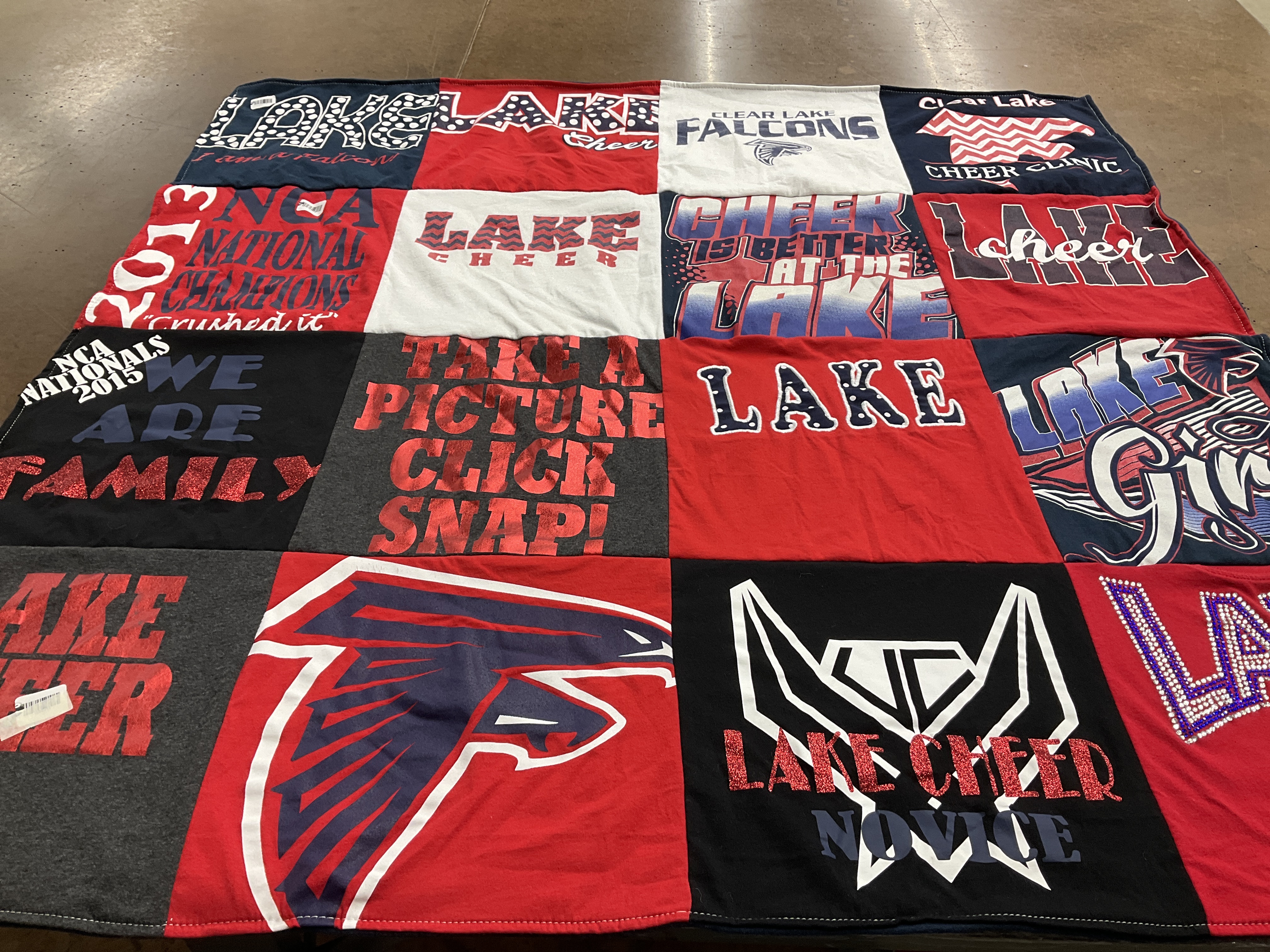 T-shirt quilt featuring clear lake falcons cheer team by Susan from TX