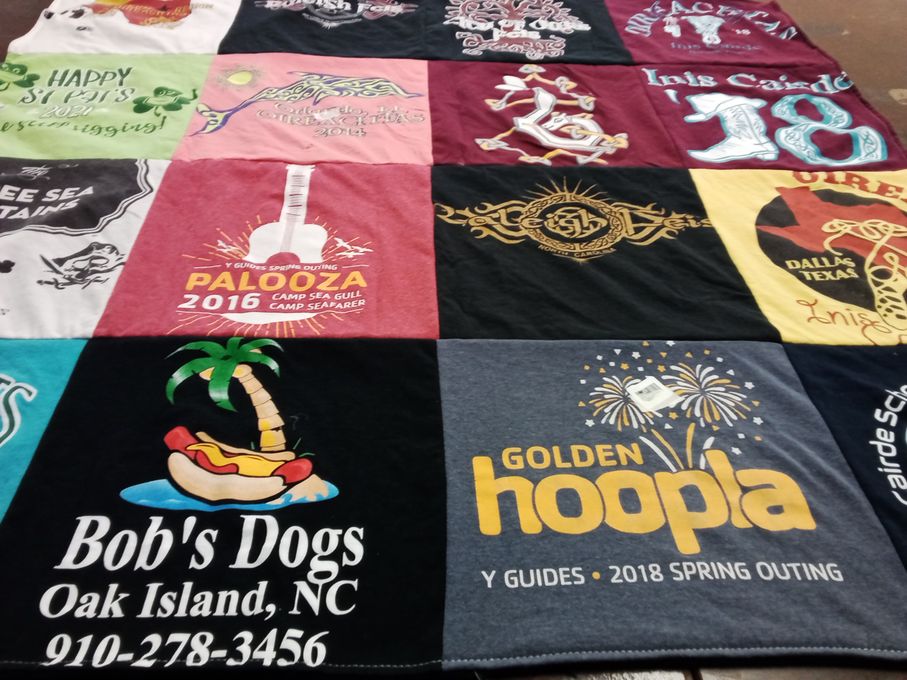 T-shirt quilt with camping, outdoor activities themes by Kristi from MD