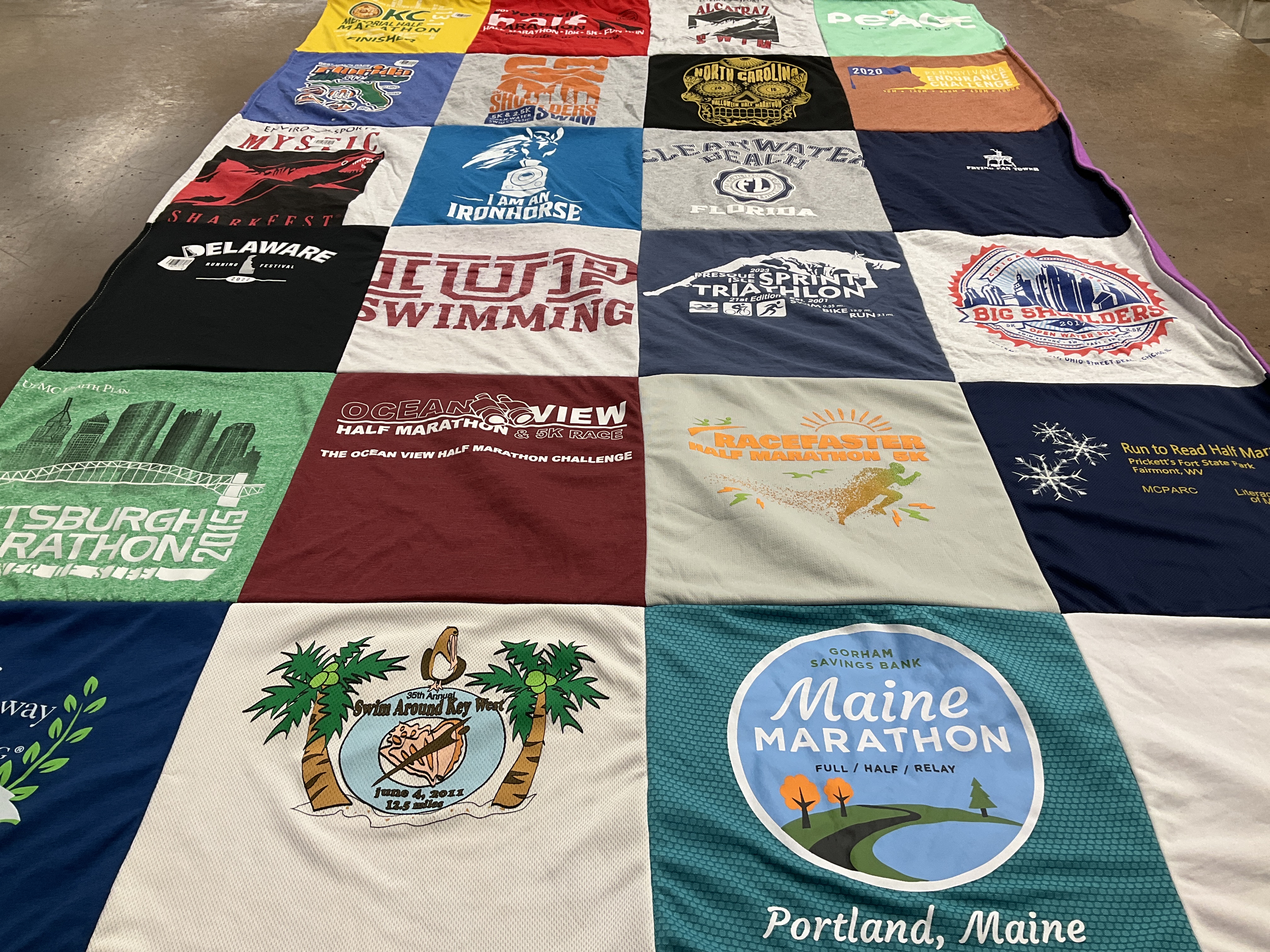 T-shirt quilt with running, swimming themes by Robin from OR
