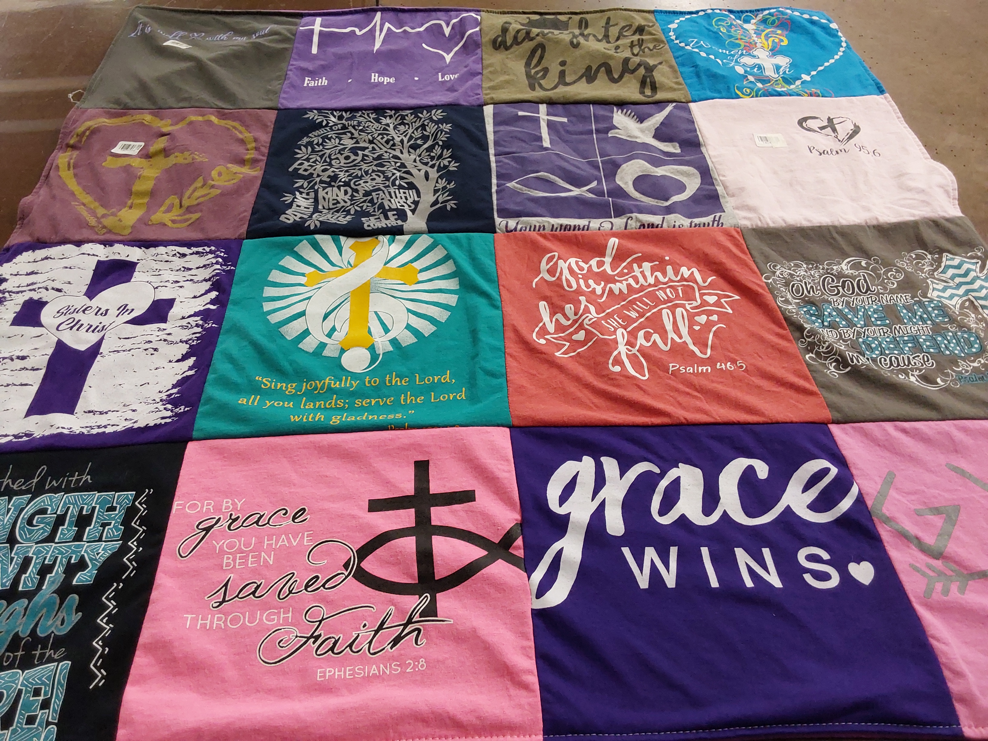 T-shirt quilt with religion, spirituality themes by Mary ann from TX