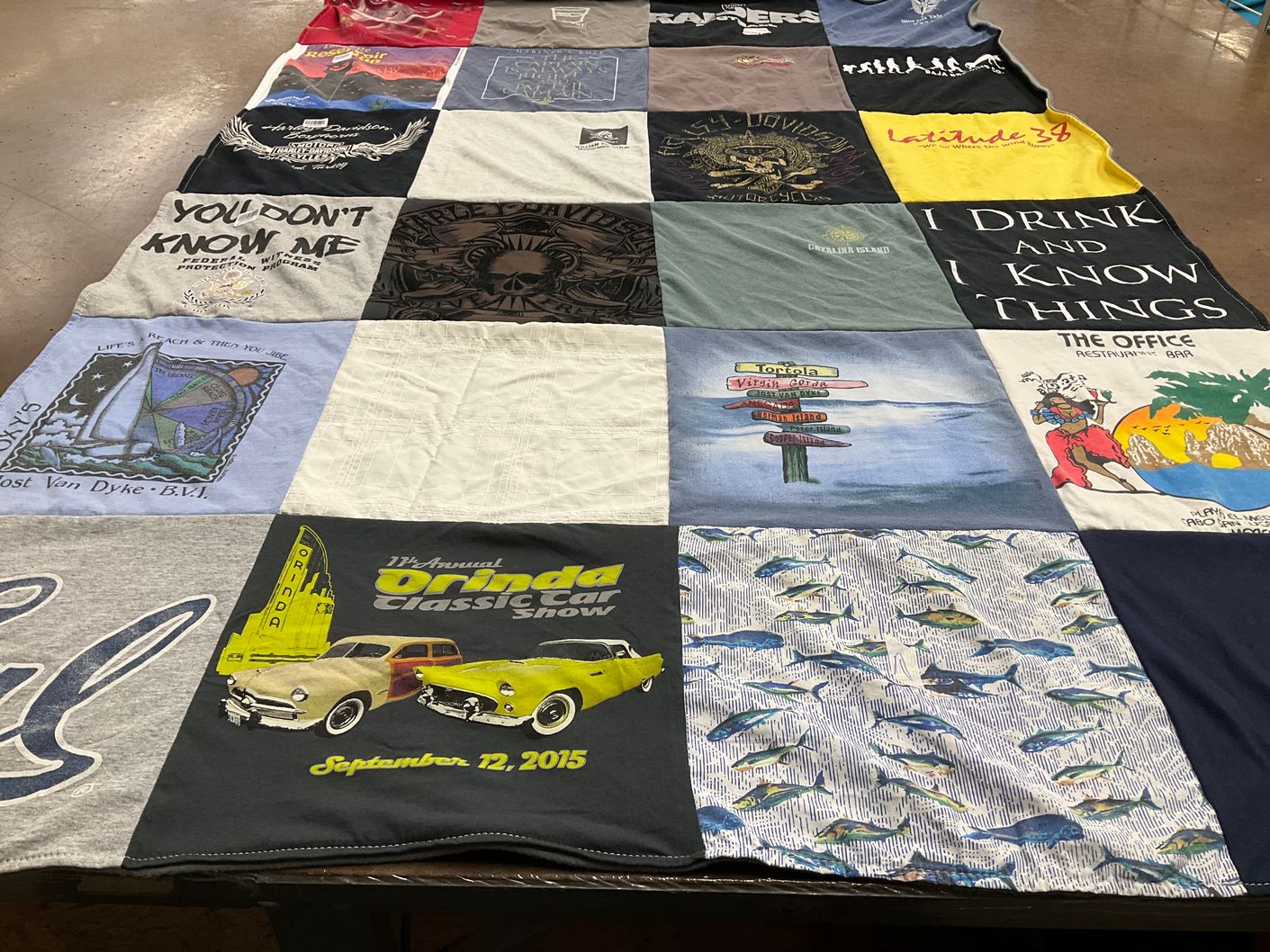 T-shirt quilt with sailing, classic cars themes by Rita from CA