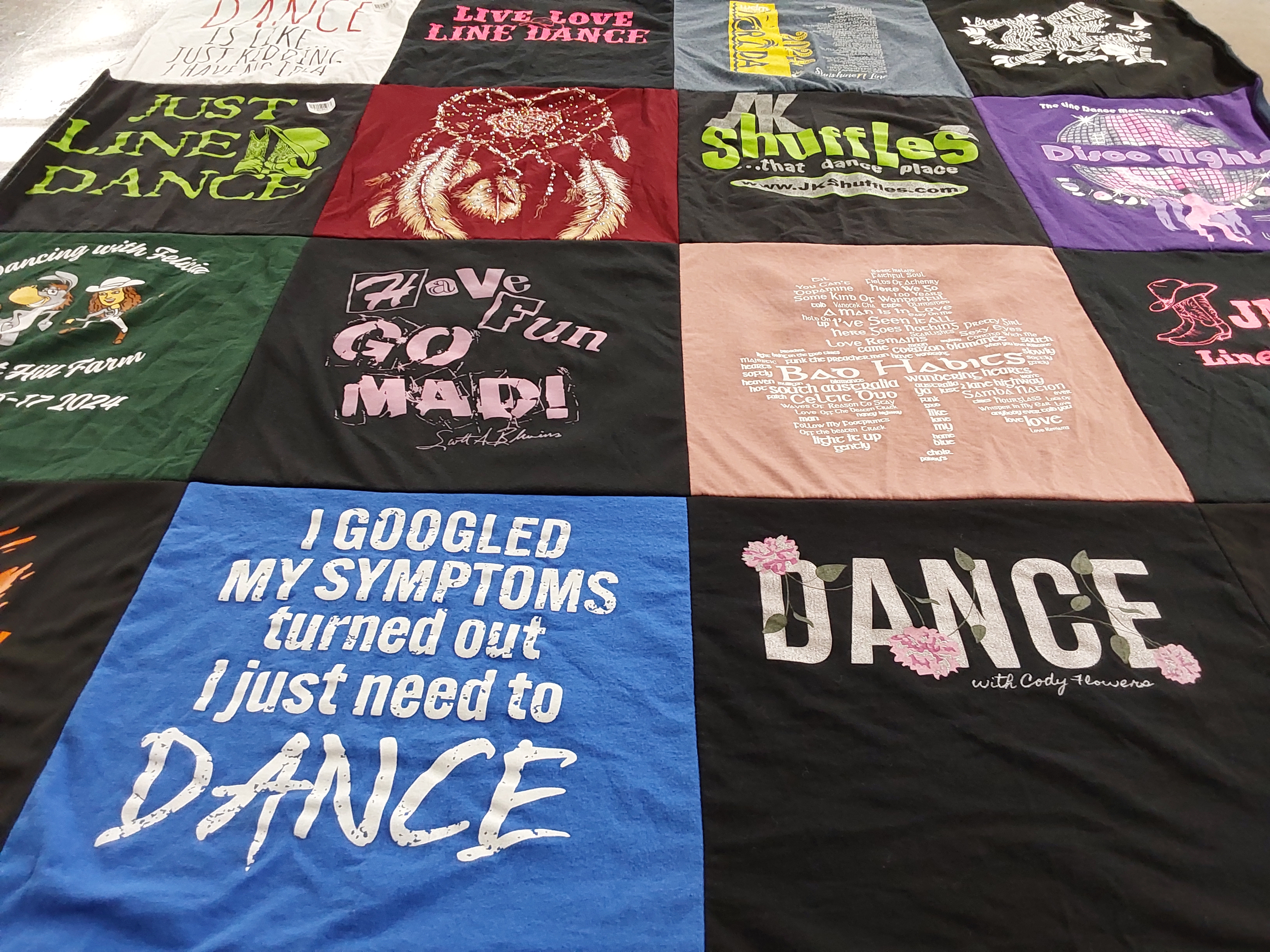 T-shirt quilt with dancing, line dancing themes by Patricia from CT