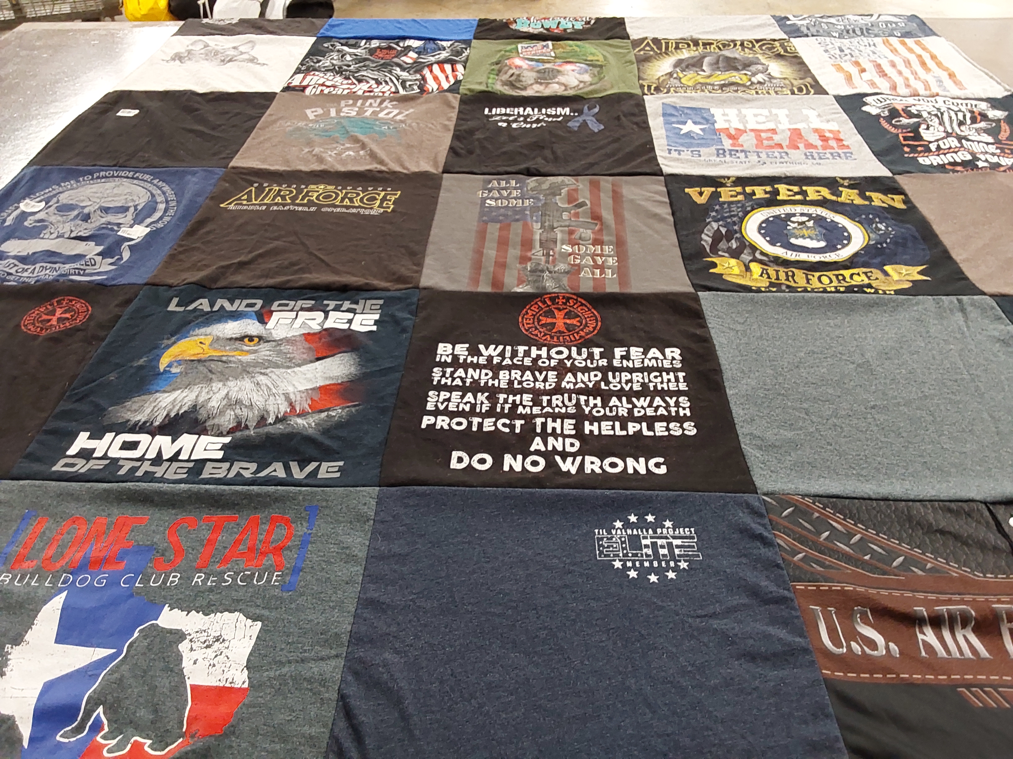 T-shirt quilt with military, patriotism themes by Cathy from TX