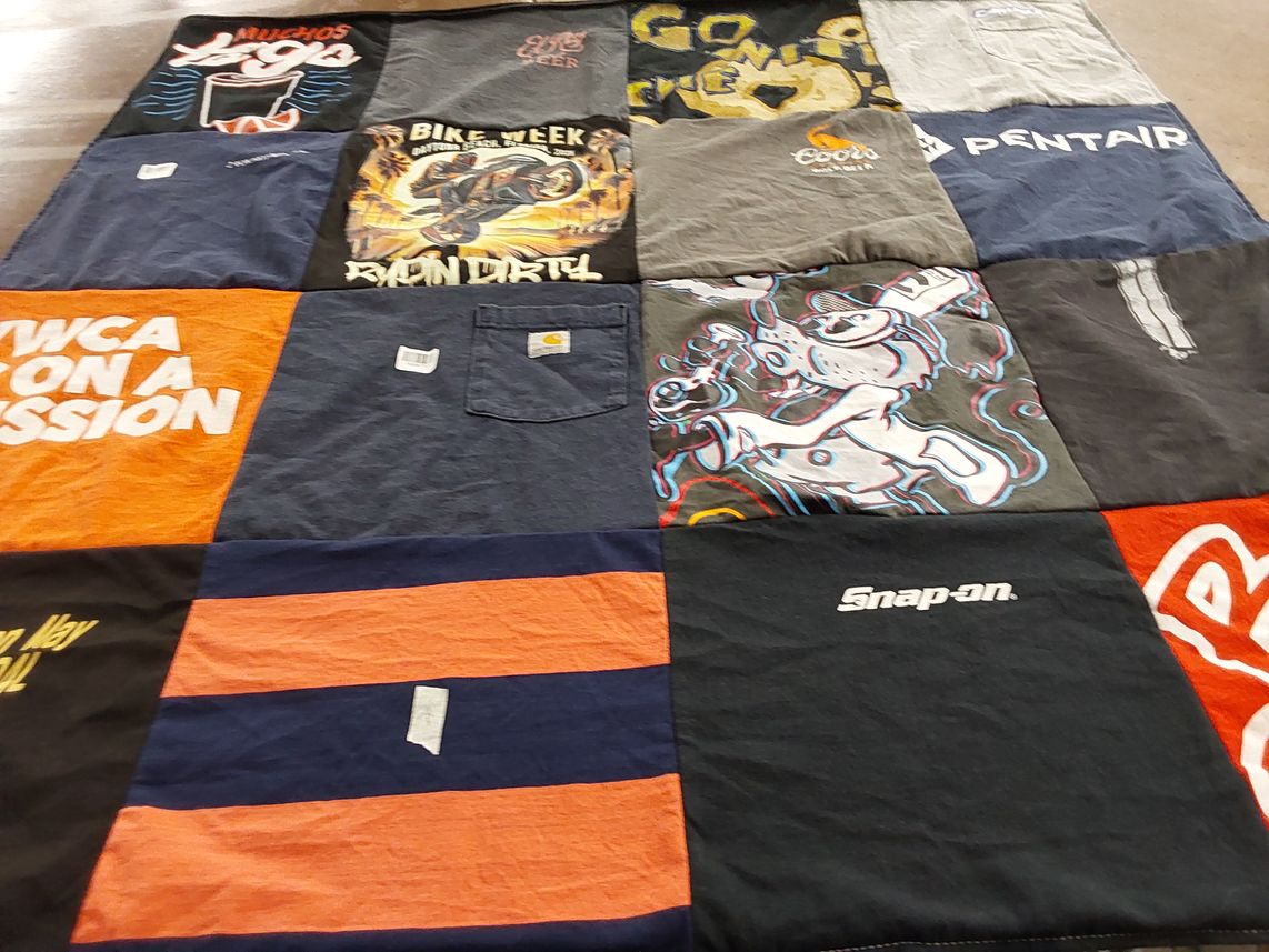 T-shirt quilt with biking, motorcycles themes by Dawn from MI