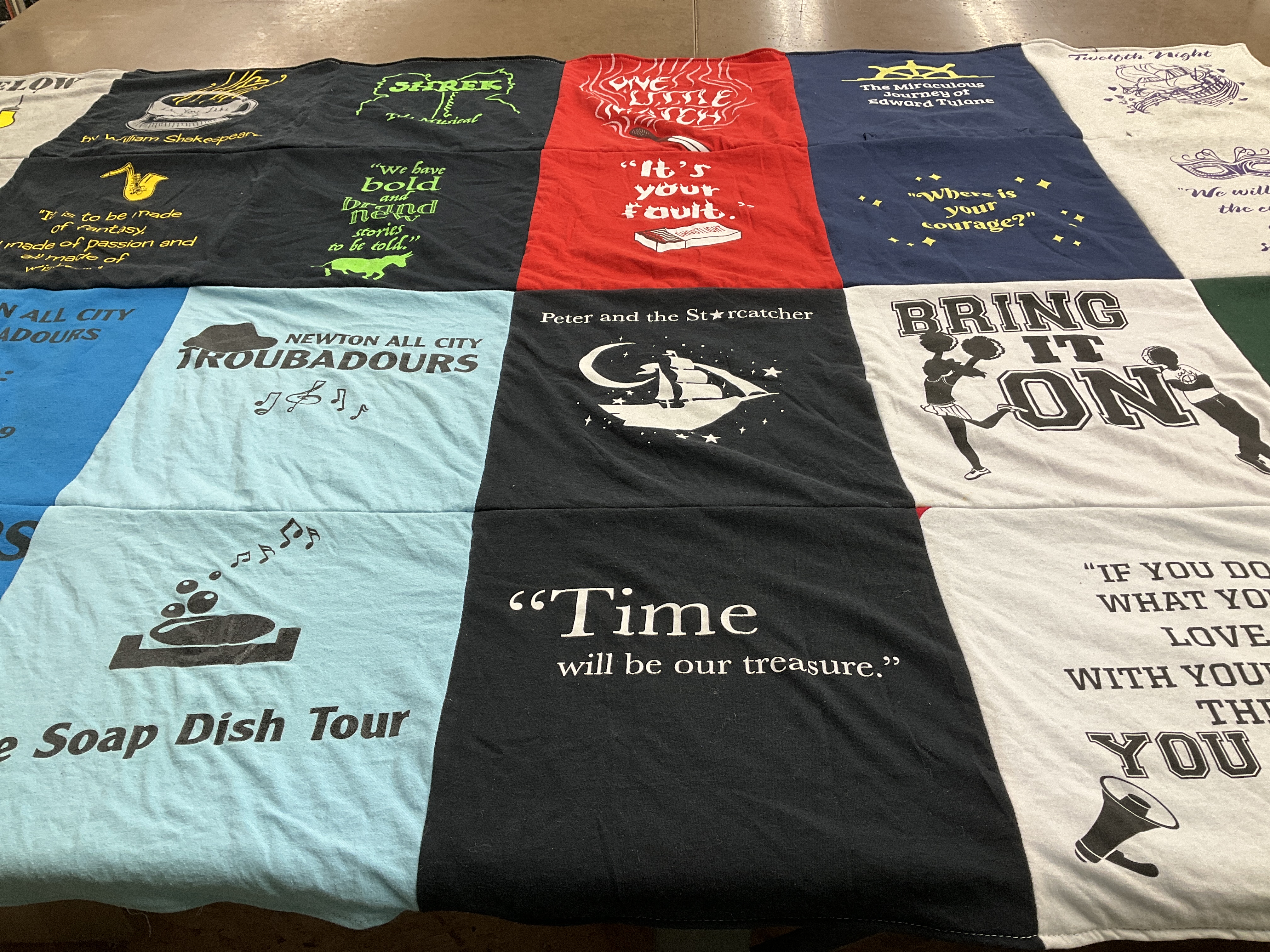 T-shirt quilt with theater, music themes by Jaime from MA