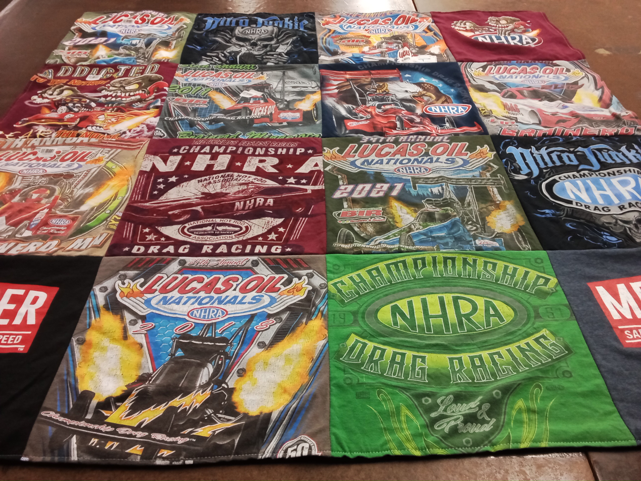 T-shirt quilt with drag racing, motorsports themes by Rick from WI