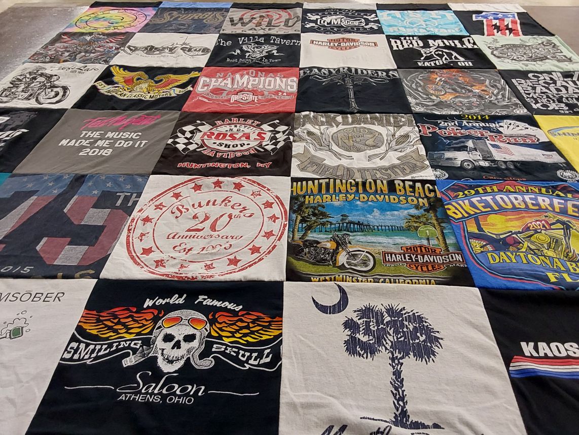 T-shirt quilt with motorcycles, biking themes by Pamela from OH
