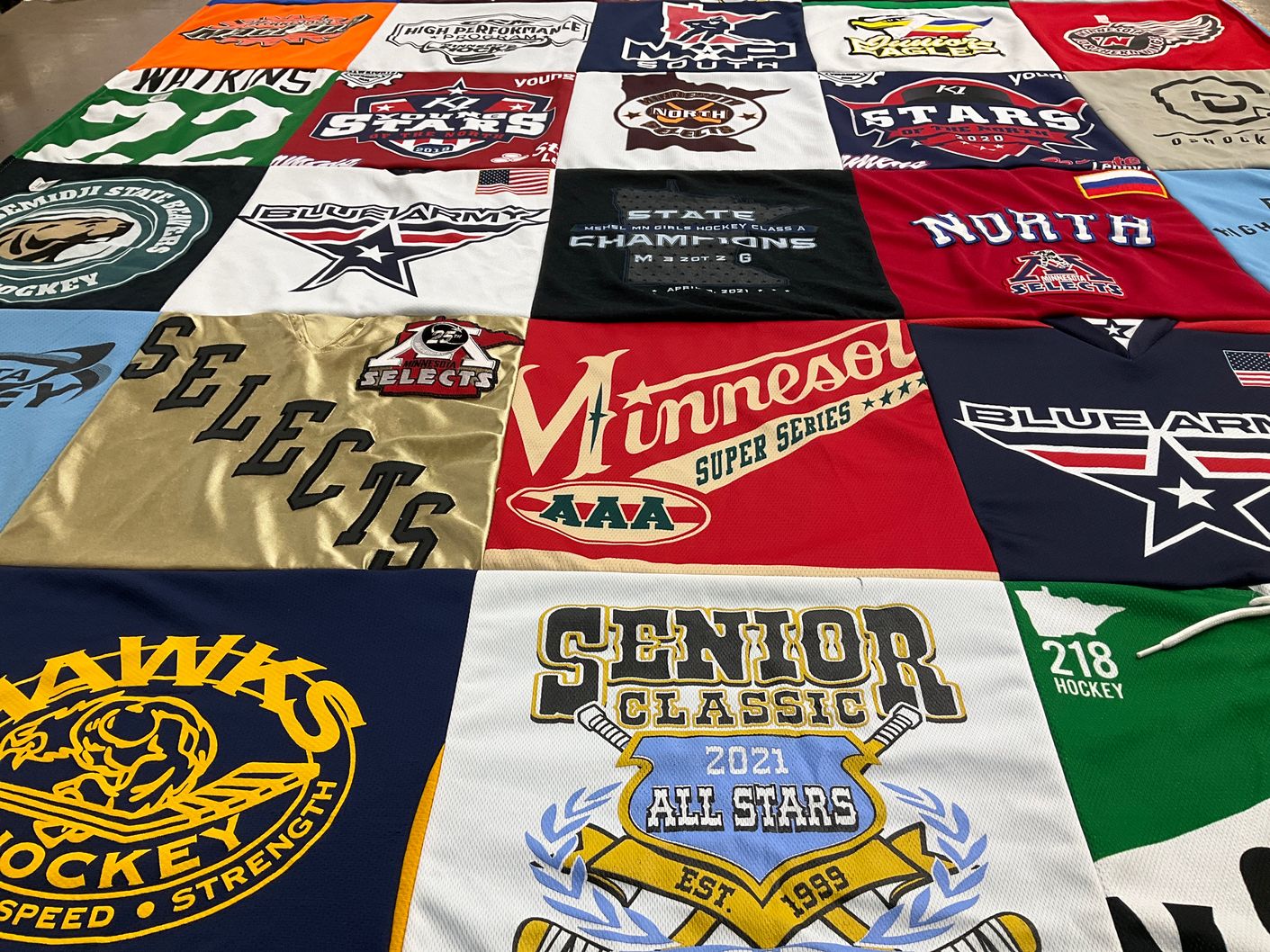 T-shirt quilt featuring blue army hockey, selects hockey by JILLIAN from WI