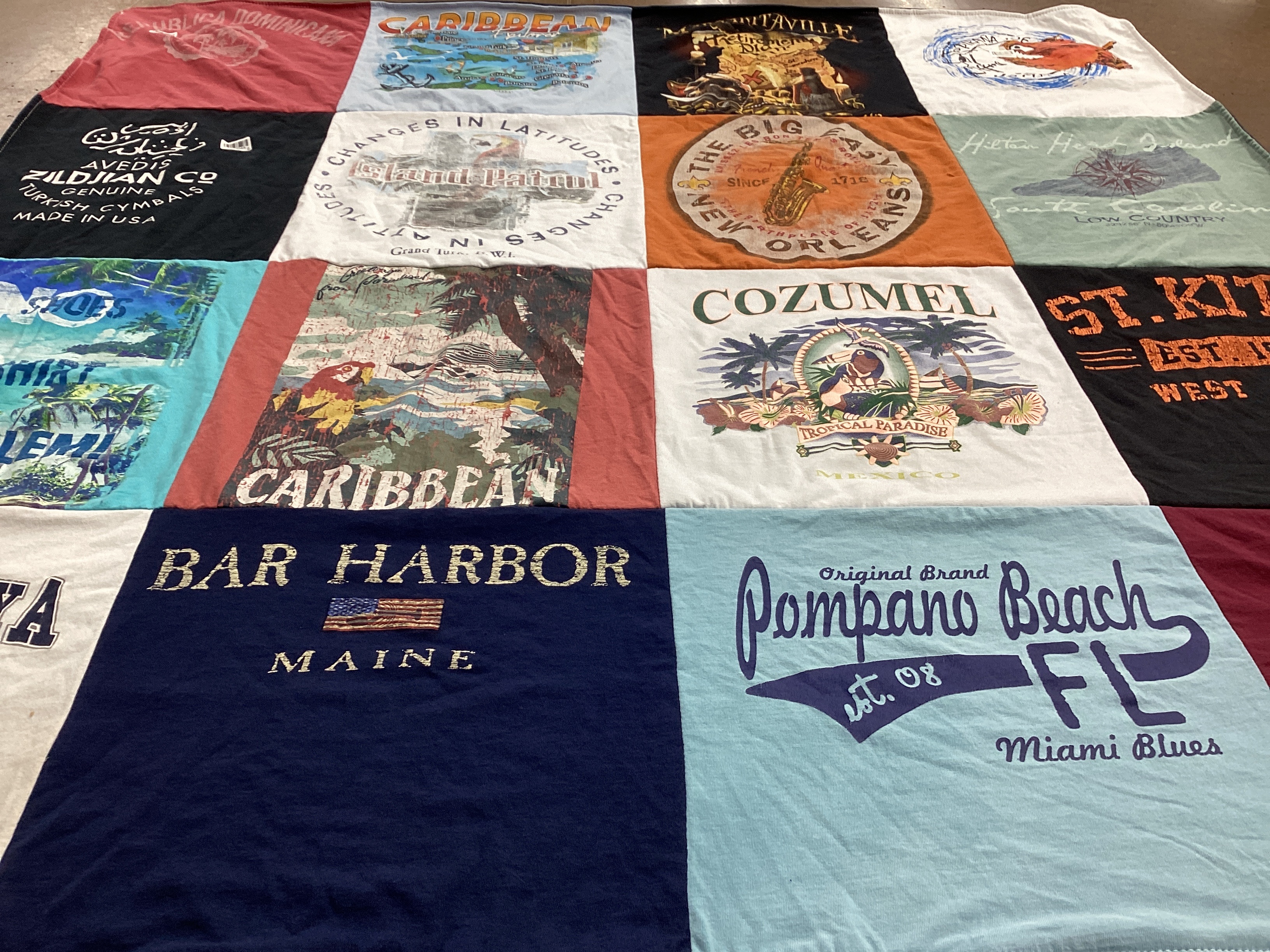 T-shirt quilt with travel, beaches themes by John from NY