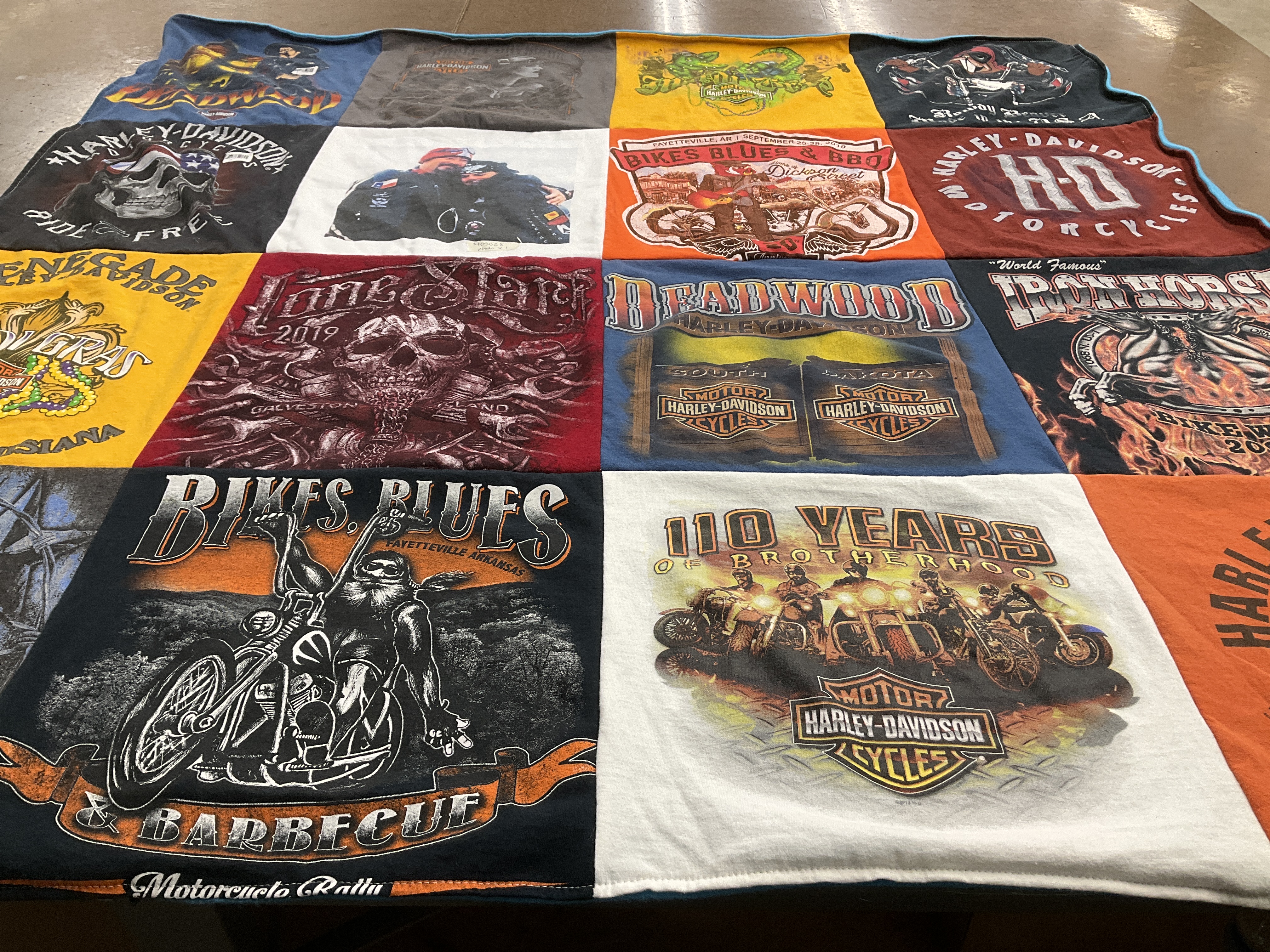 T-shirt quilt with motorcycles, biking themes by Diann from OK