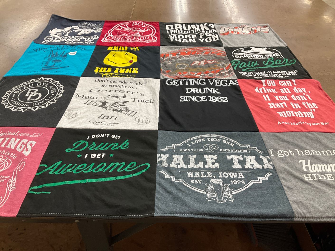 T-shirt quilt with drinking, partying themes by Holly from IA