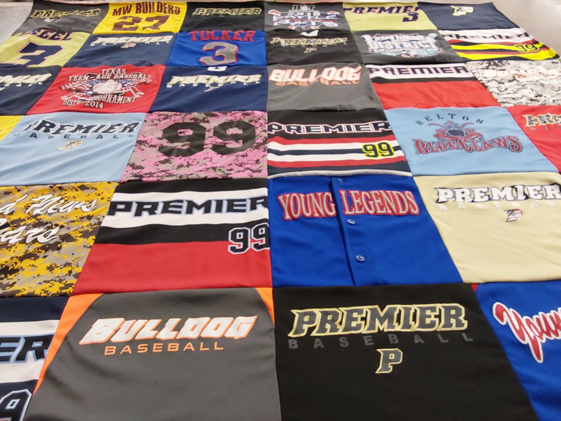 T-shirt quilt with baseball, youth sports themes by Kristena from TX