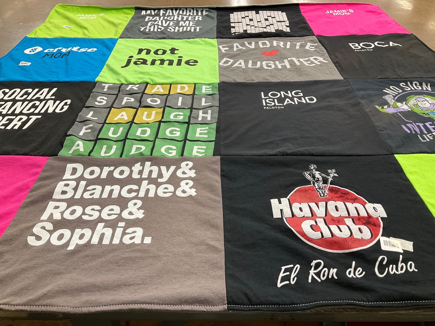 T-shirt quilt with social dancing, trivia themes by Jamie from FL