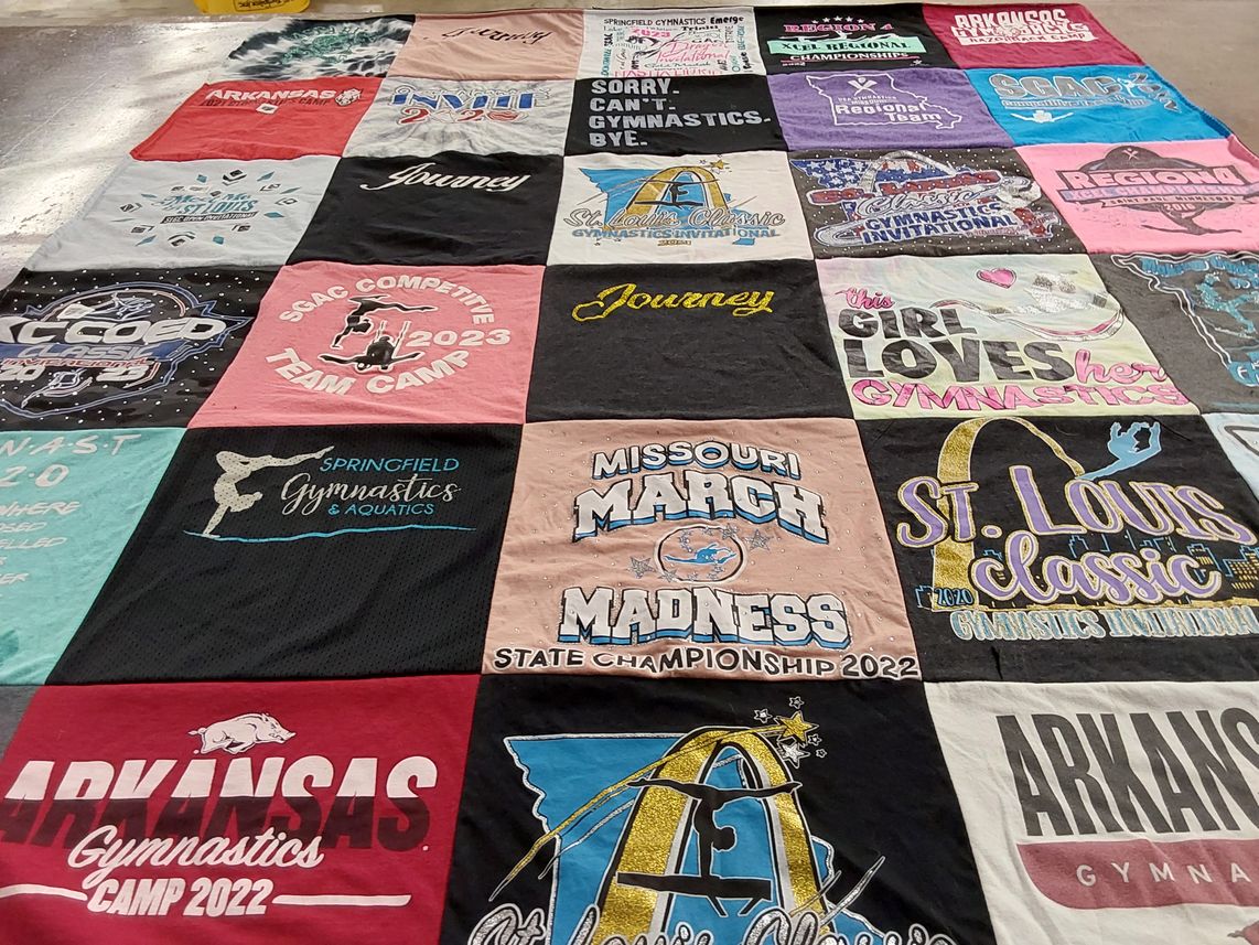 T-shirt quilt with gymnastics themes by Sunday from MO