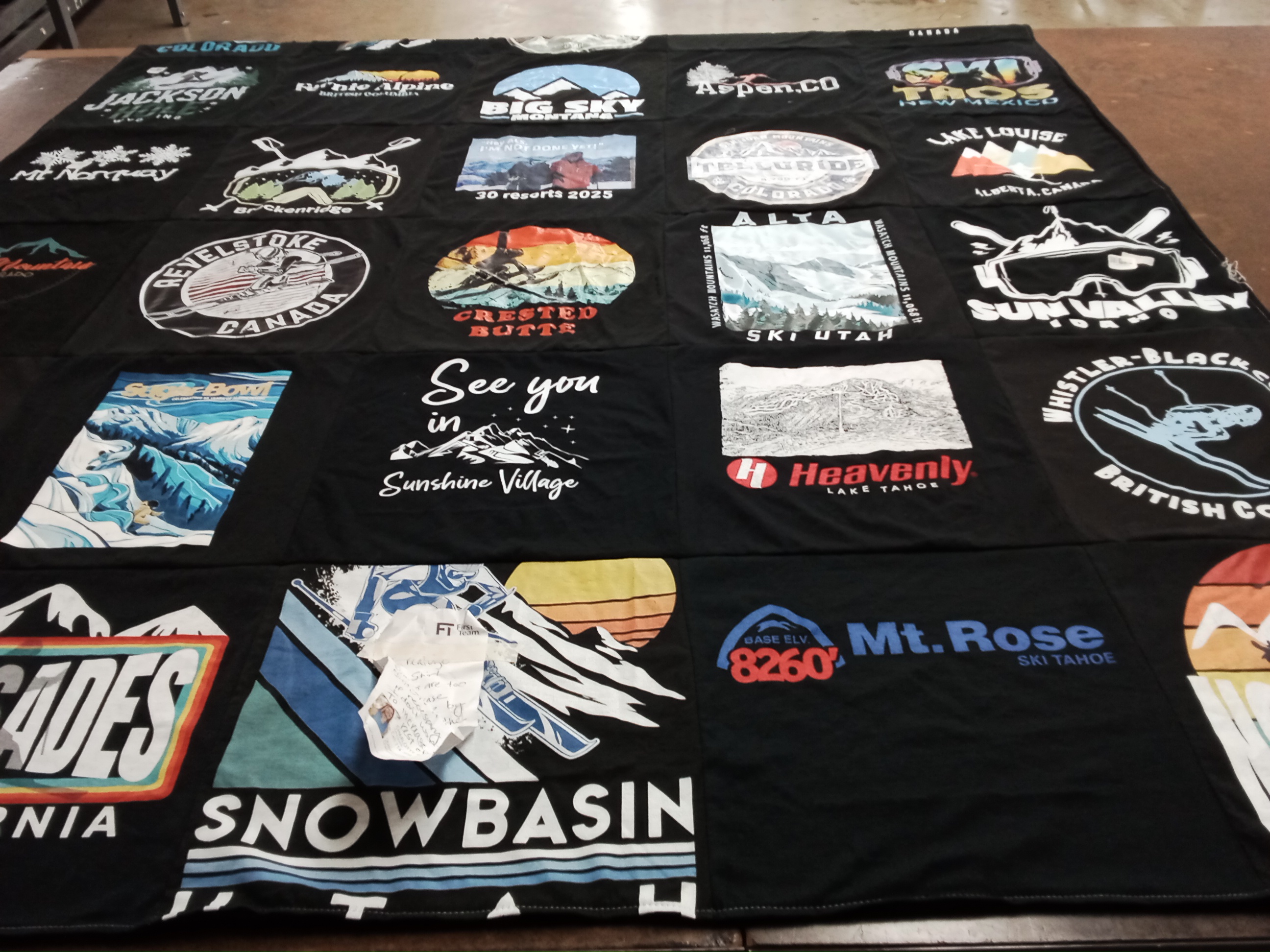 T-shirt quilt with skiing, snowboarding themes by cheri from CA