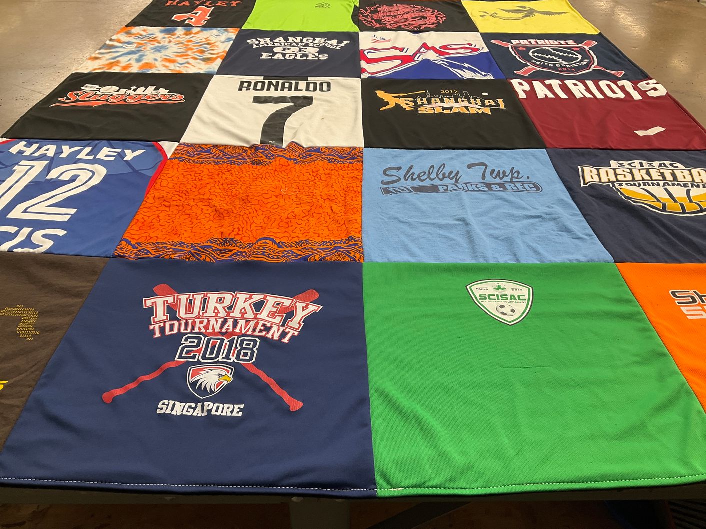 T-shirt quilt with sports, basketball themes by Nicole from MI
