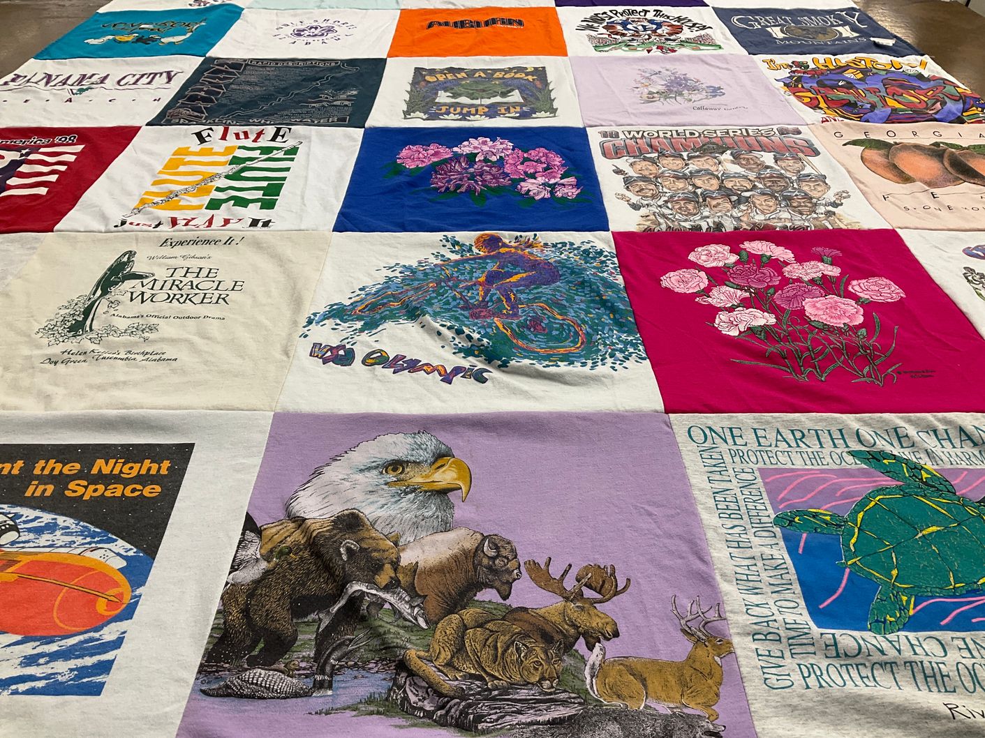 T-shirt quilt with theatre, wildlife themes by Deborah from GA