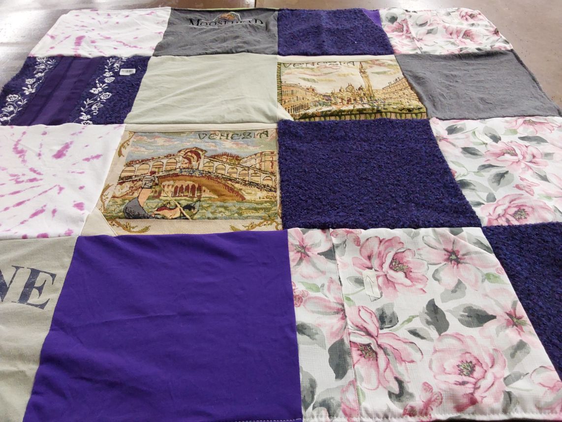 T-shirt quilt with travel, art themes by Julie from CT
