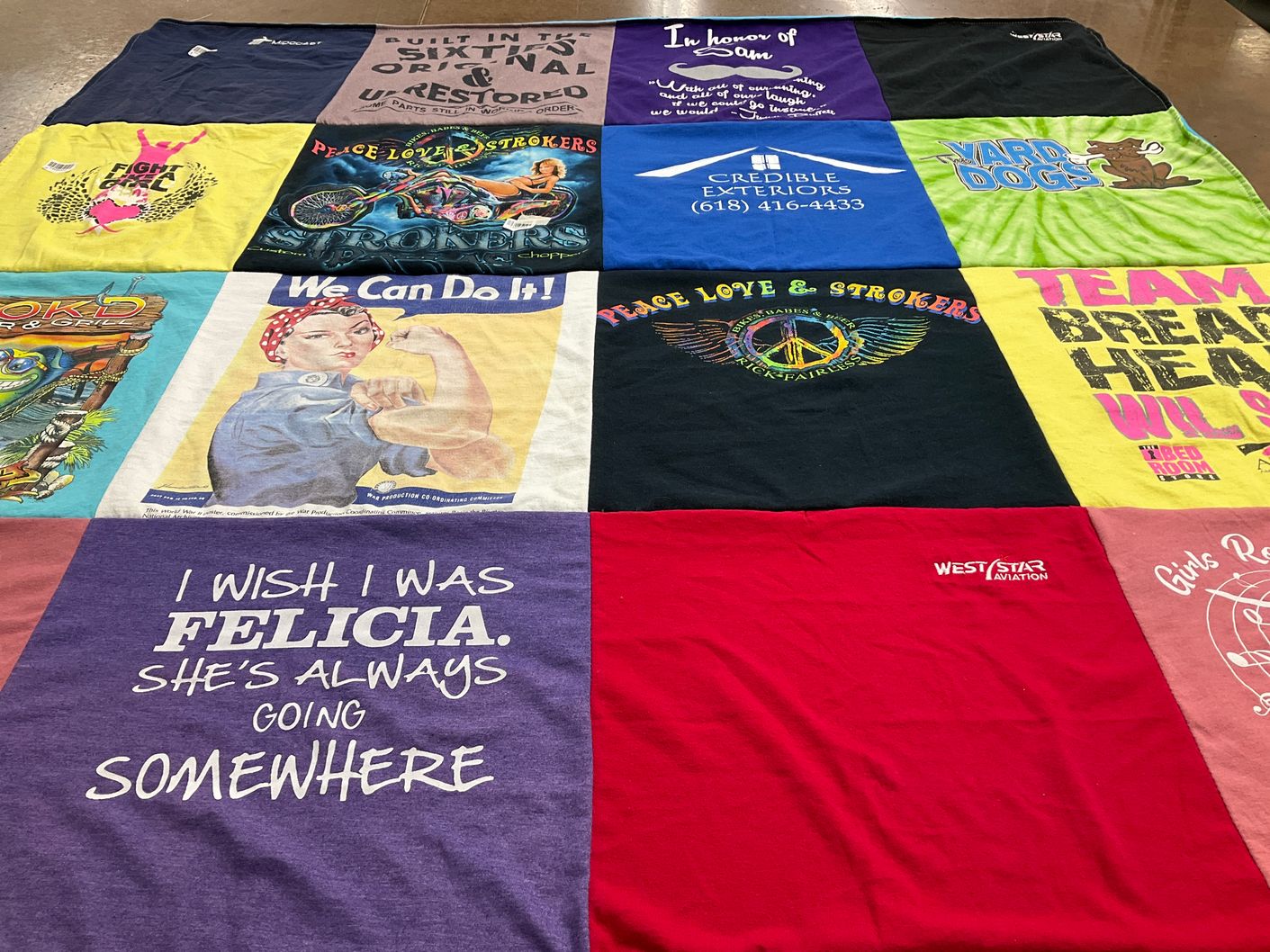 T-shirt quilt with motorcycles, feminism themes by Eva from TN