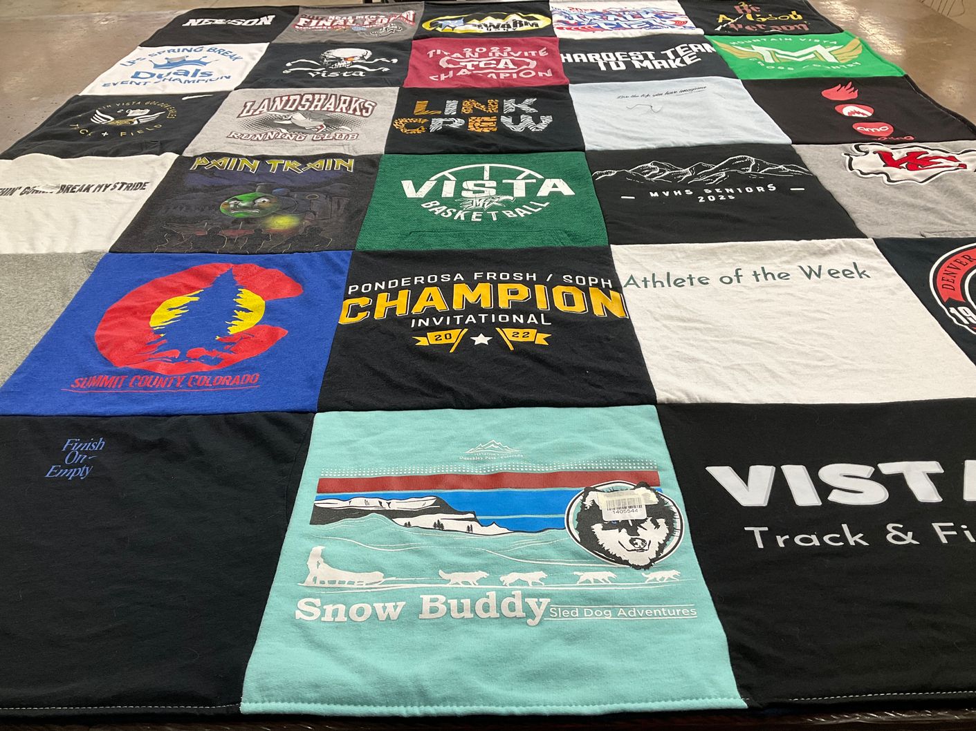 T-shirt quilt featuring vista peak preparatory school track and field, ponderosa high school track and field by Marcia from CO