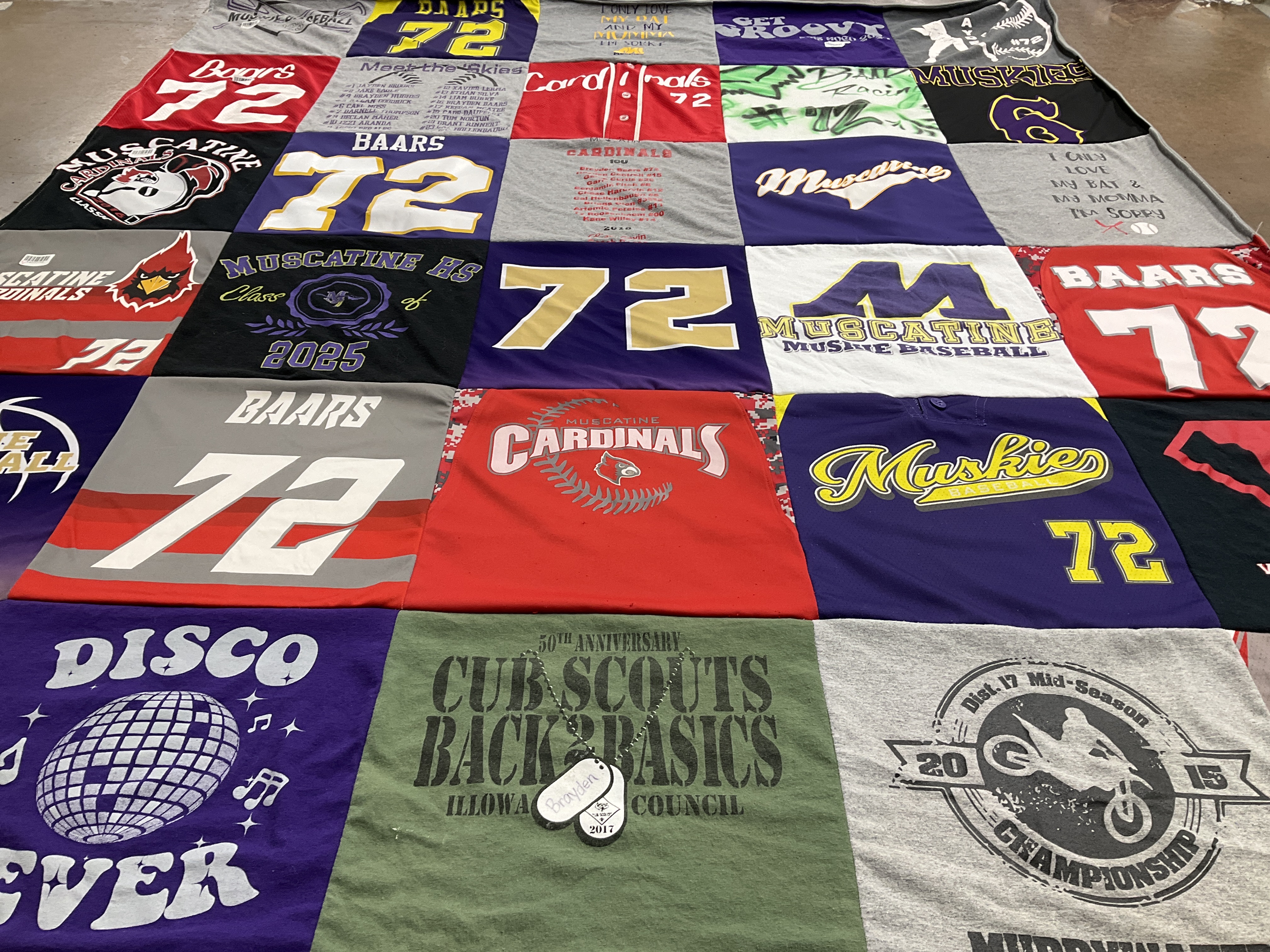 T-shirt quilt featuring muscatine muskies, muscatine cardinals by Sonia from IA