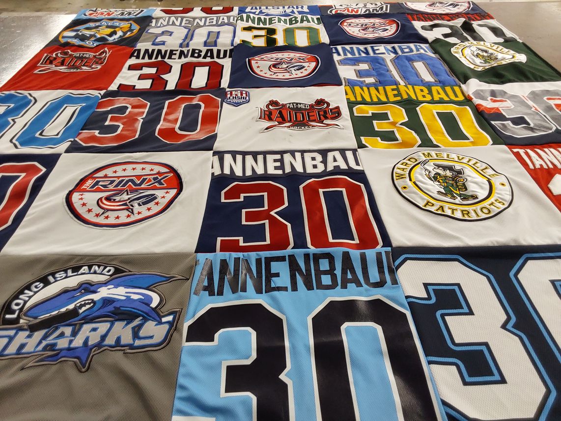 T-shirt quilt featuring long island sharks by Dawn from NY