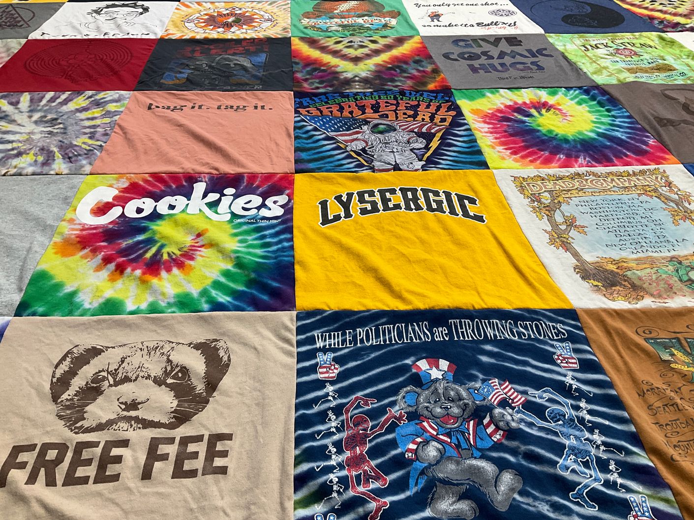 T-shirt quilt with tie dye, music themes by jeff from CA