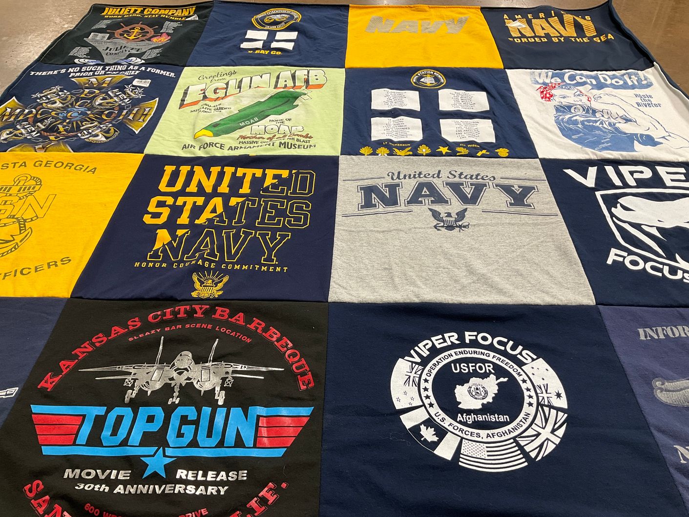 T-shirt quilt with military, naval service themes by Kristine from TX