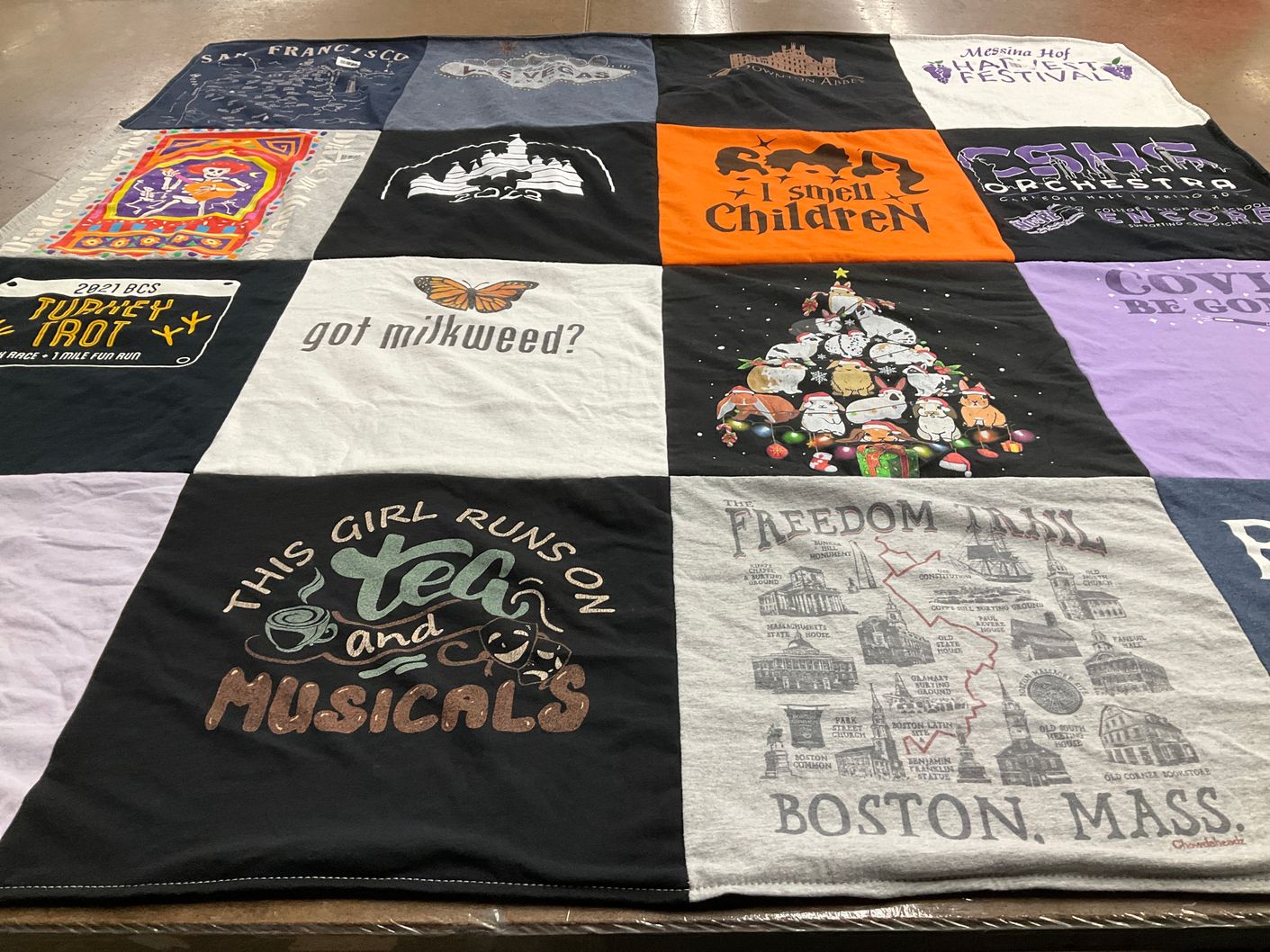 T-shirt quilt with music, theater themes by Angela from TX