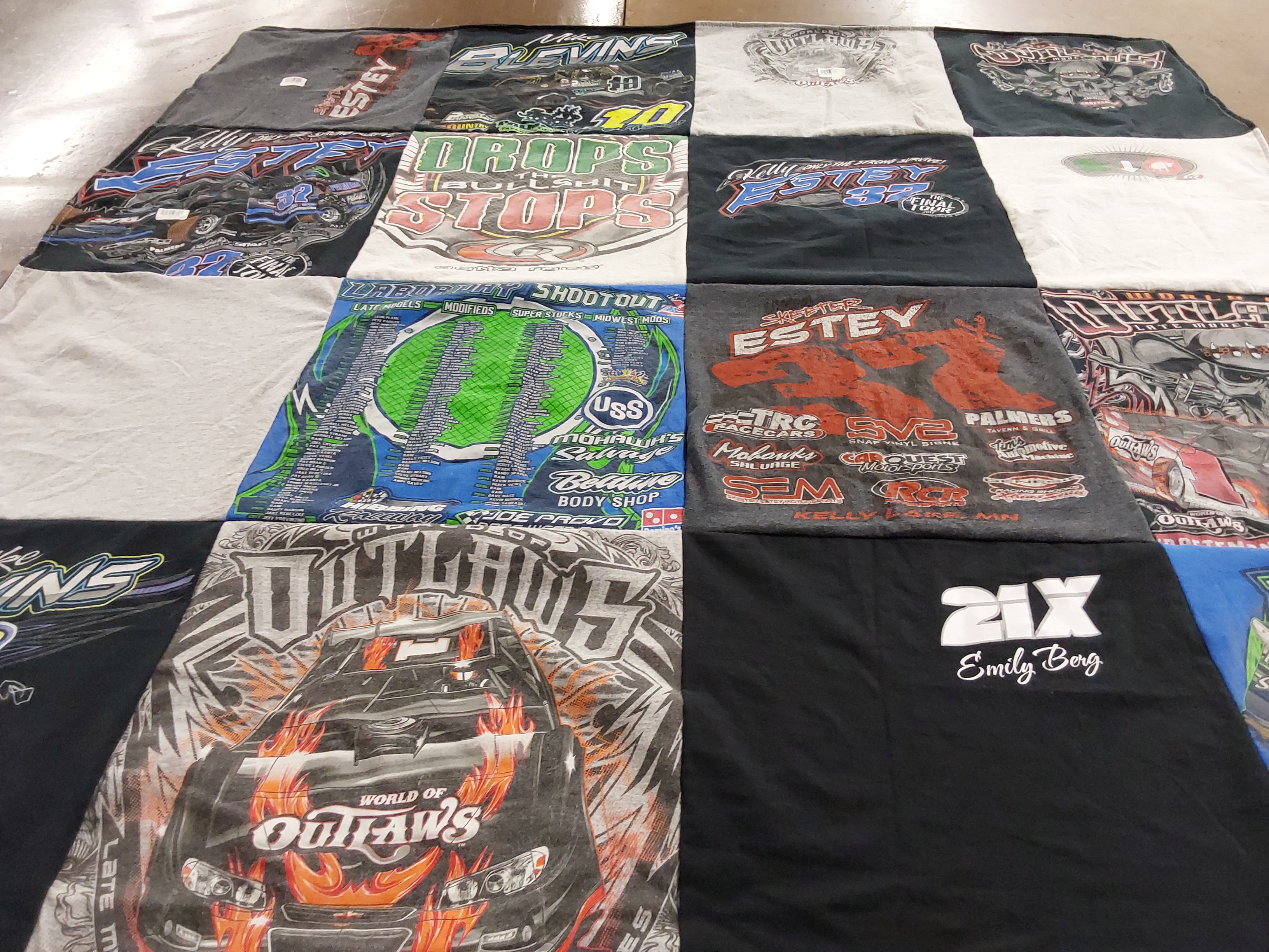 T-shirt quilt with racing, motorsports themes by Emily from MN