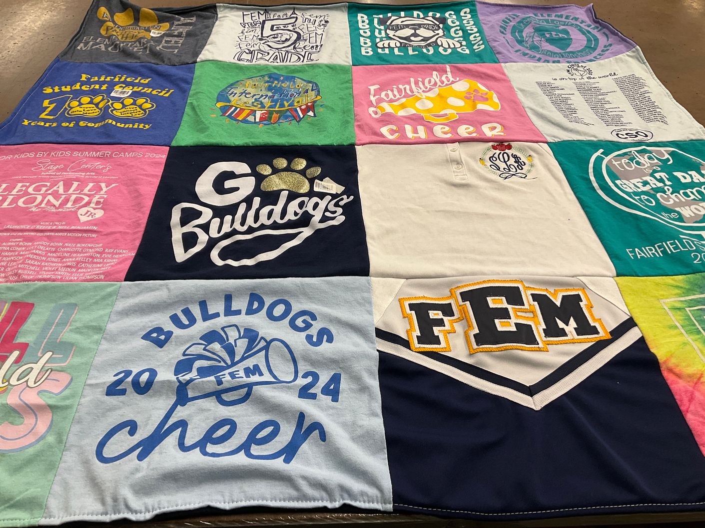 T-shirt quilt featuring bulldogs cheer team by Lindsey from LA