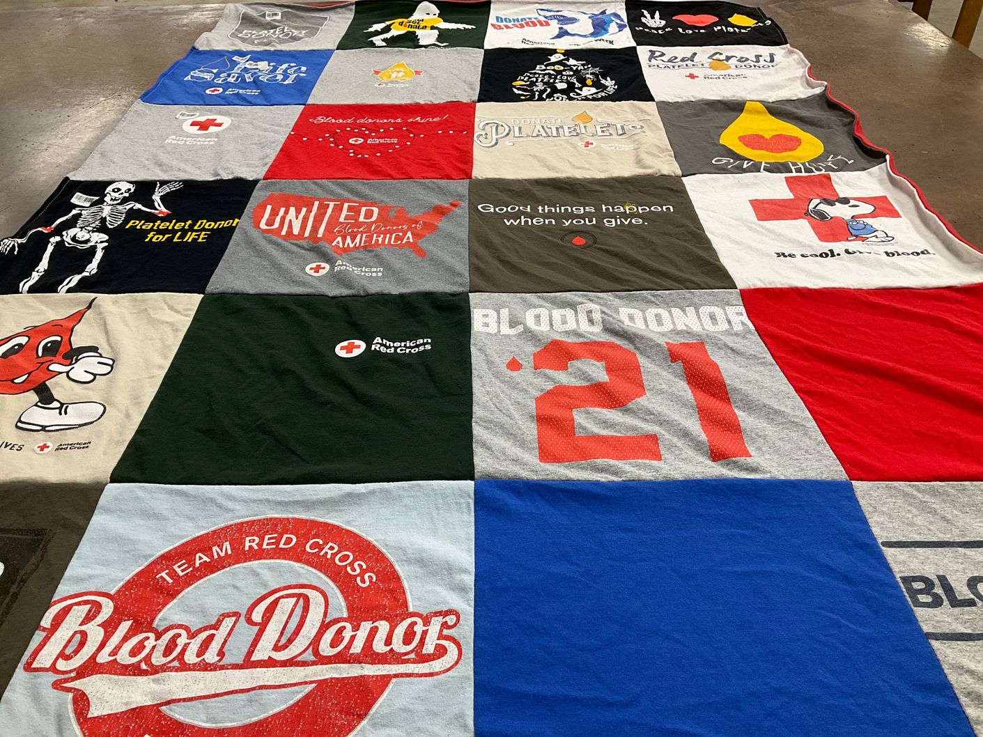 T-shirt quilt with blood donation, healthcare themes by Thomas from MA