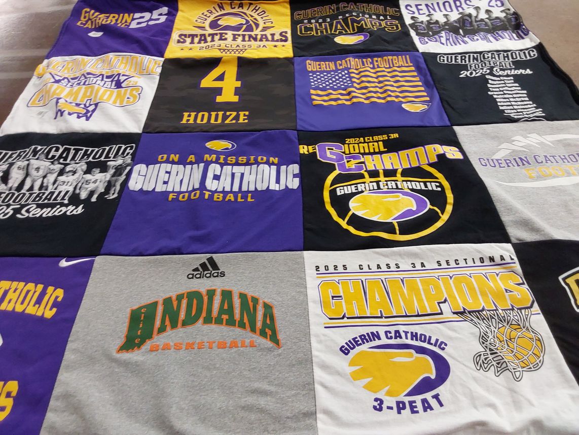 T-shirt quilt featuring guernin catholic football, guernin catholic basketball by Lisa from IN