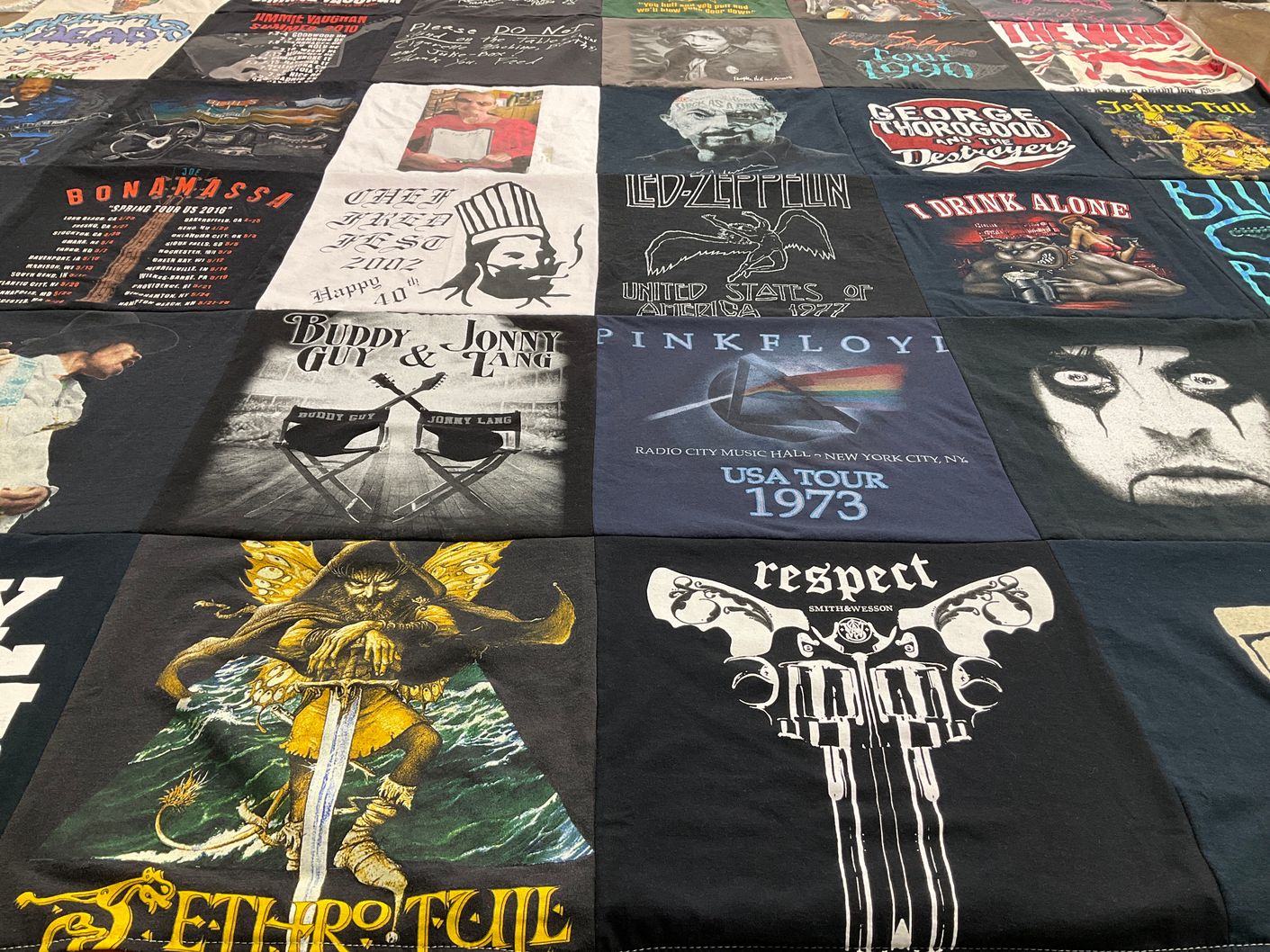 T-shirt quilt with music, rock themes by Jim from IN