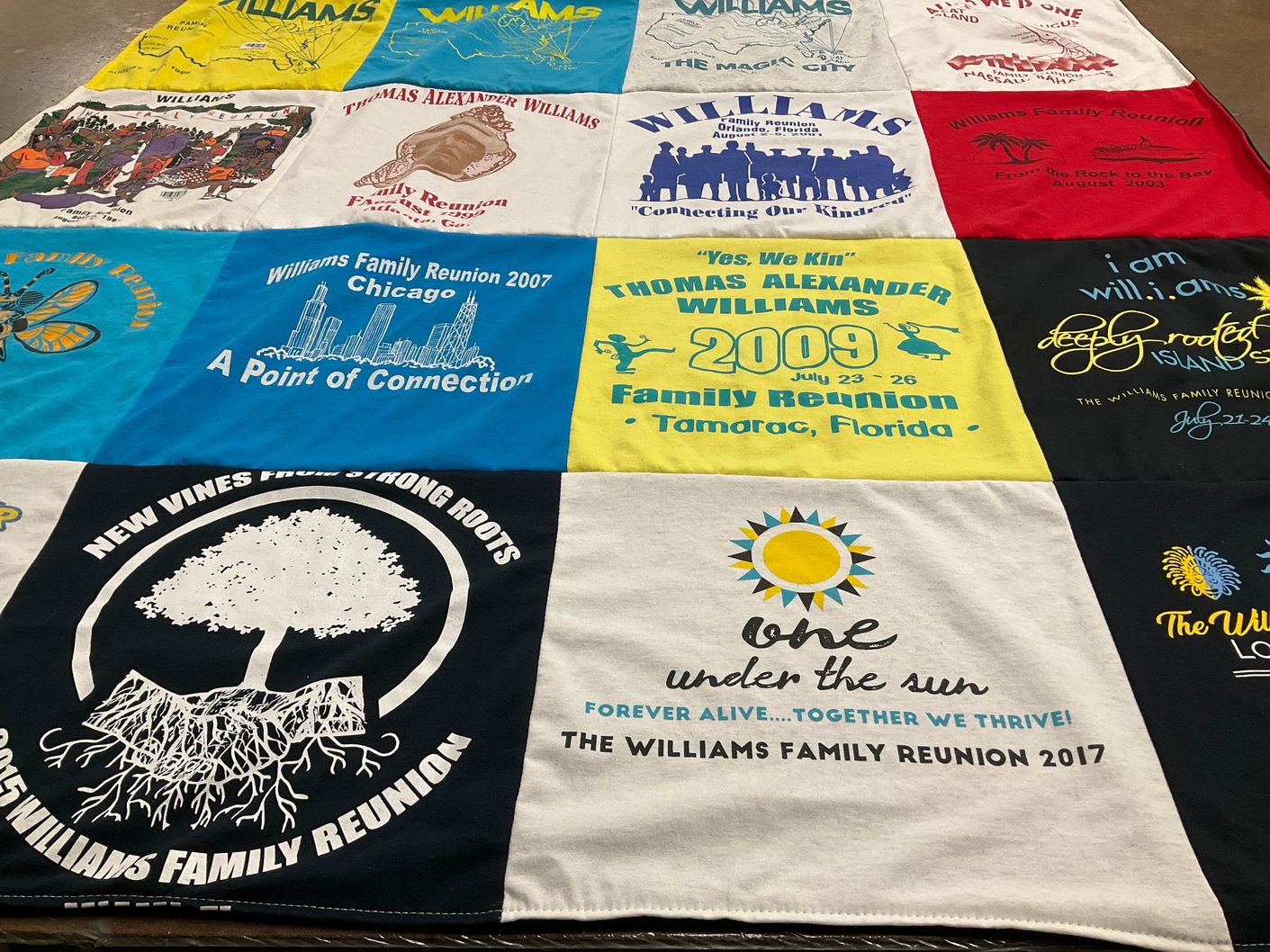 T-shirt quilt with family reunions, genealogy themes by Karen from MD