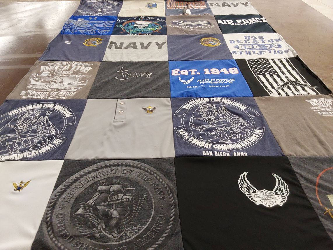 T-shirt quilt with military, aviation themes by Wilder from CA