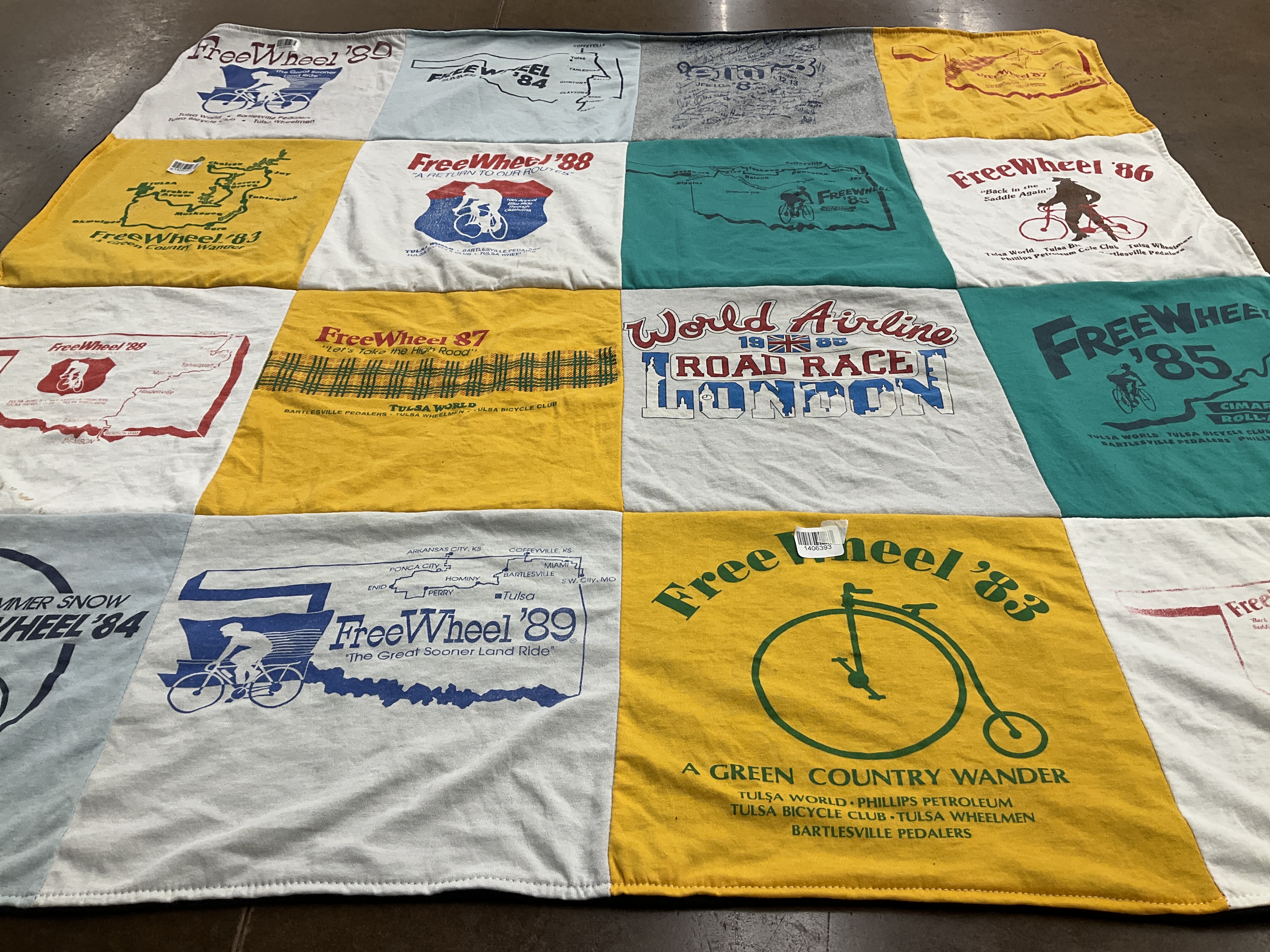 T-shirt quilt with cycling, biking themes by Howard from OK