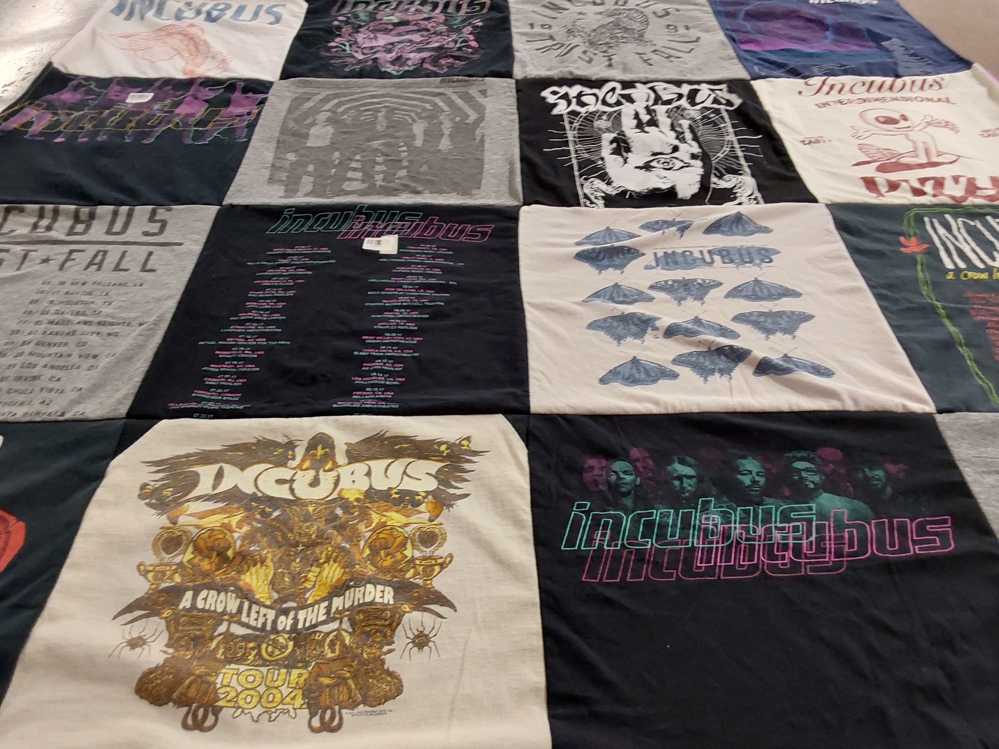 T-shirt quilt with music, concerts themes by Eileen from CA