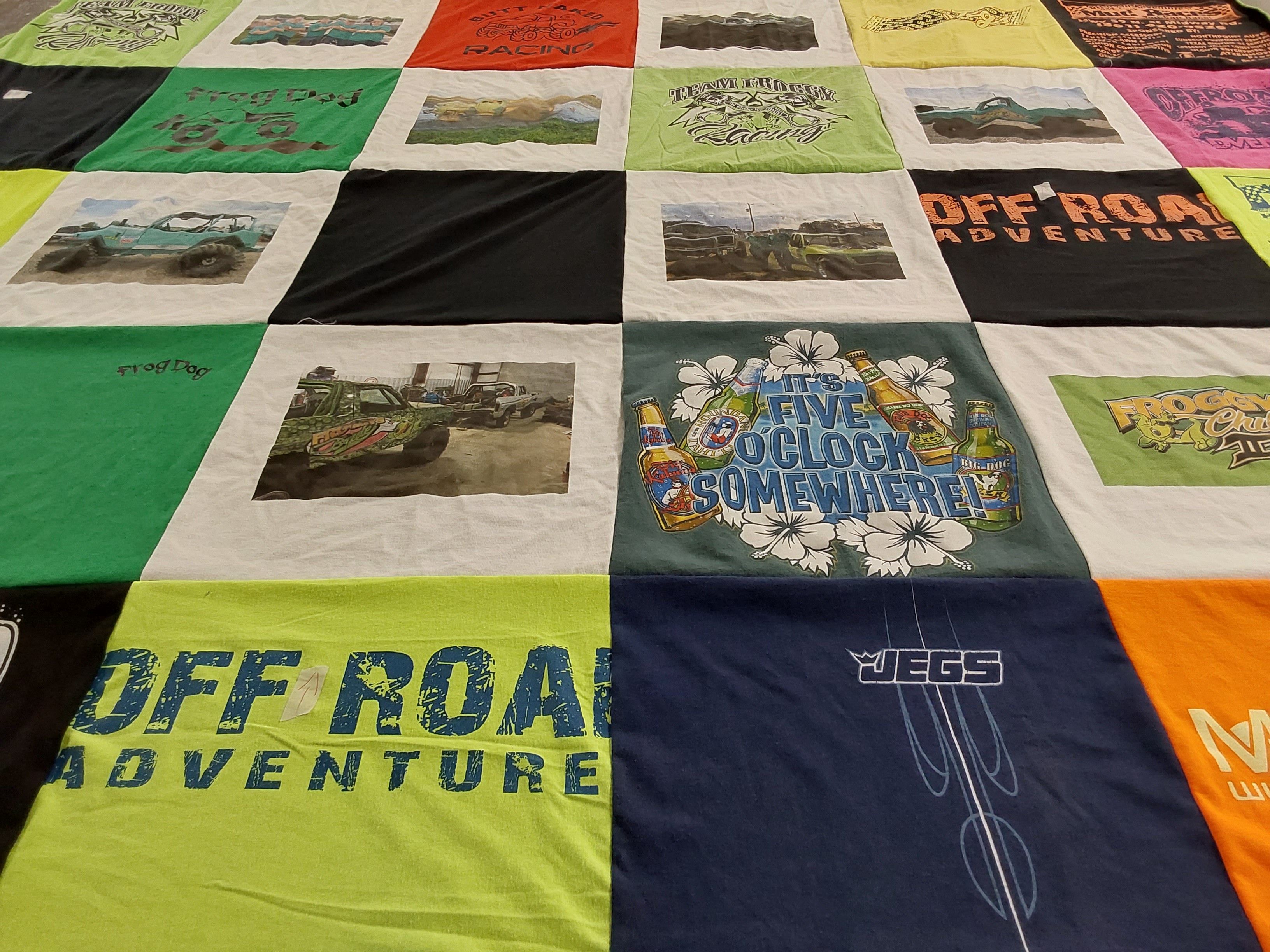 T-shirt quilt with off-roading, racing themes by Donell from TX