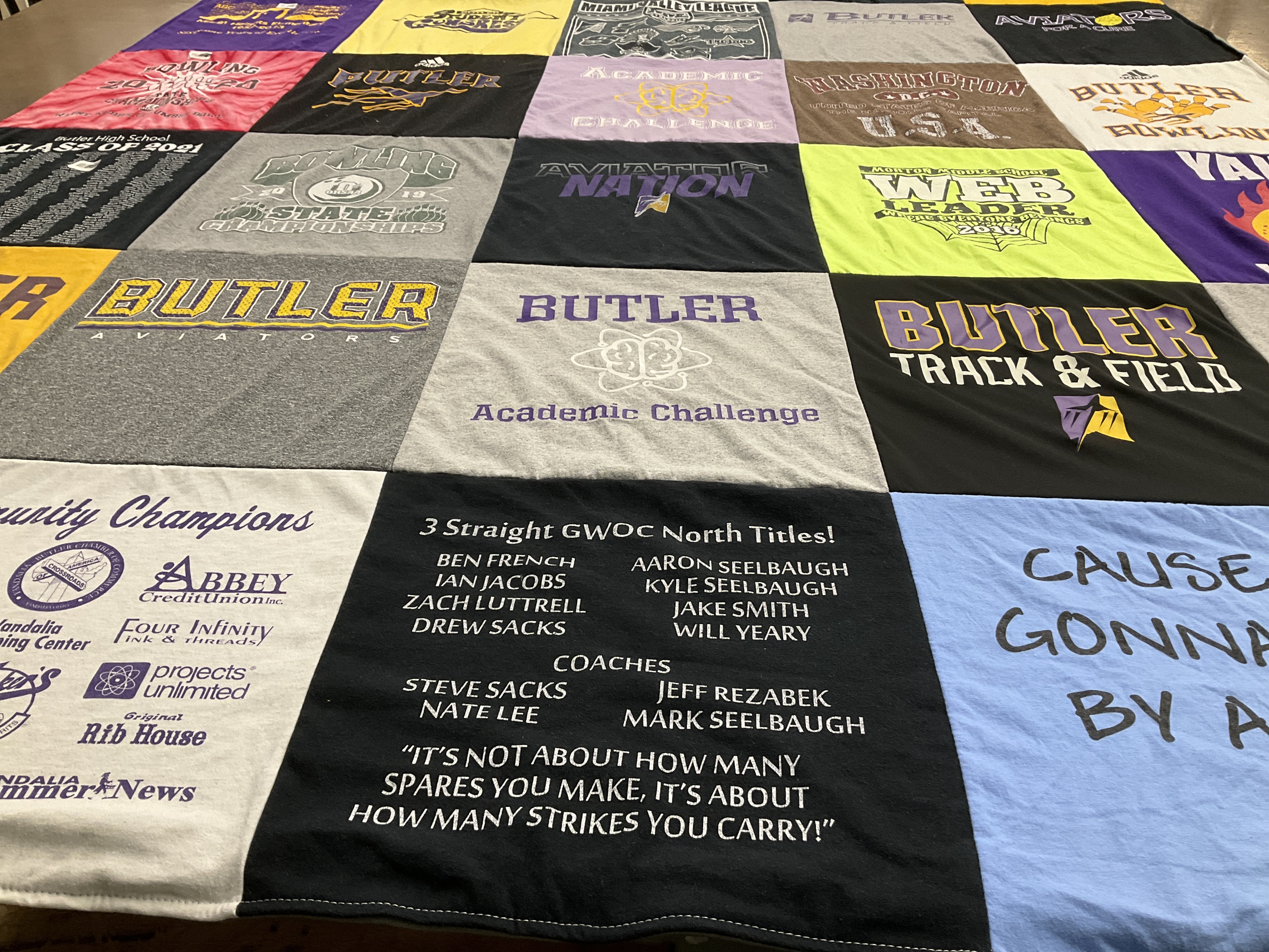 T-shirt quilt featuring butler track and field, butler bowling by Kyle from OH
