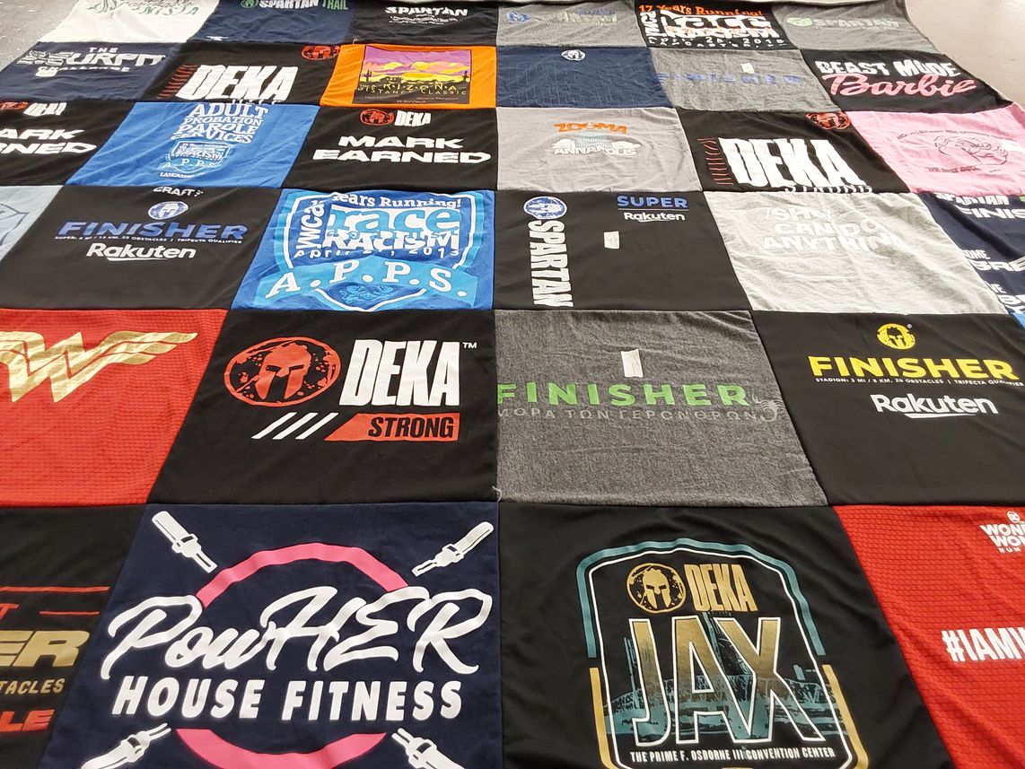 T-shirt quilt with fitness, spartan races themes by Kelly from AZ
