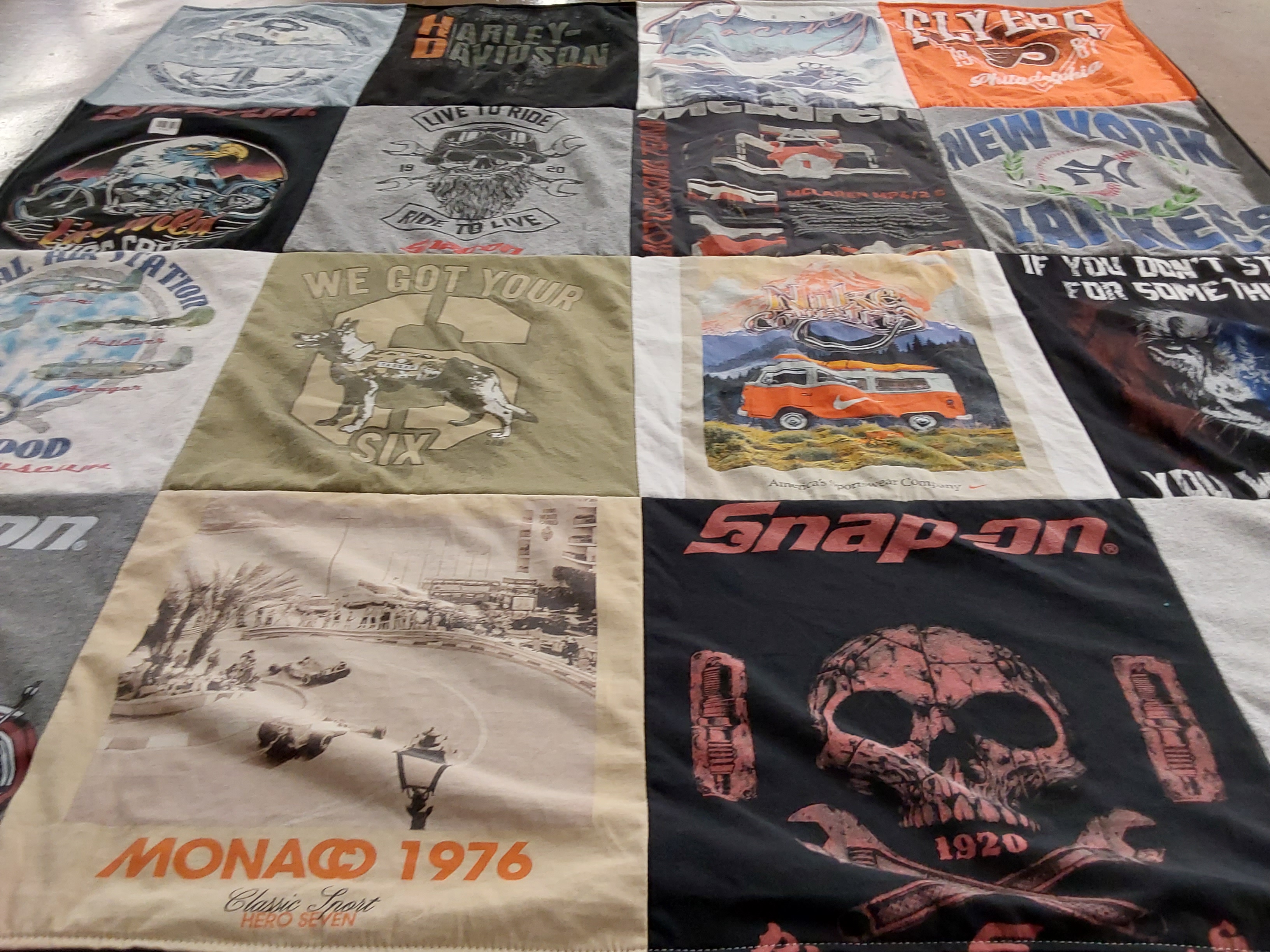 T-shirt quilt with motorcycles, automobiles themes by Charlie from NJ