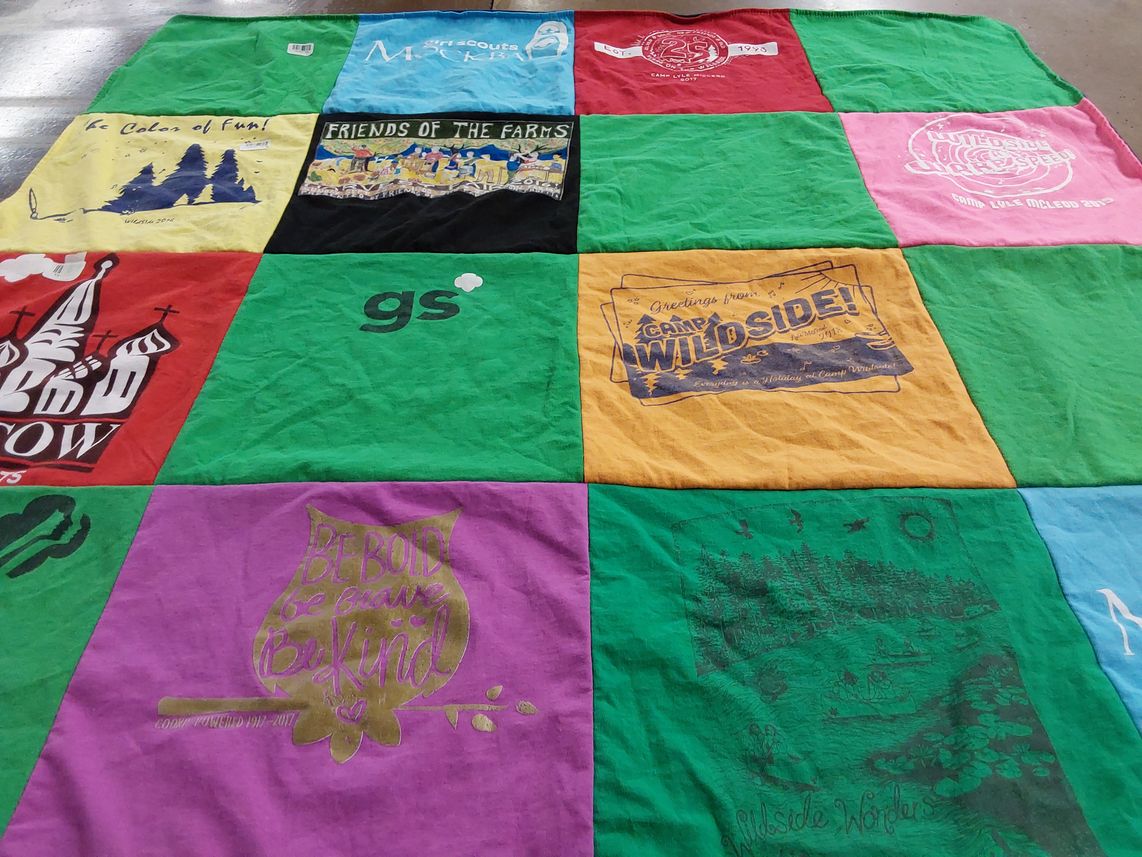 T-shirt quilt with camping, outdoors themes by Michele from WA