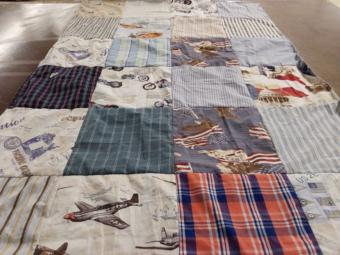 T-shirt quilt with motorcycles, aviation themes by Fran from TX