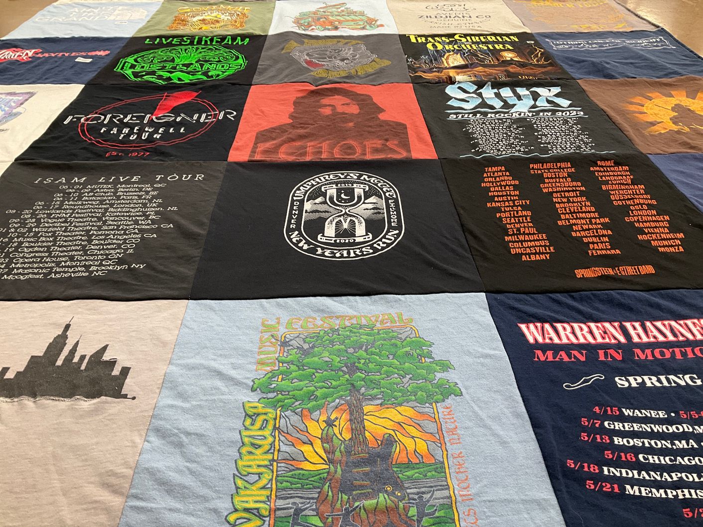 T-shirt quilt with music, concerts themes by Sean from CO