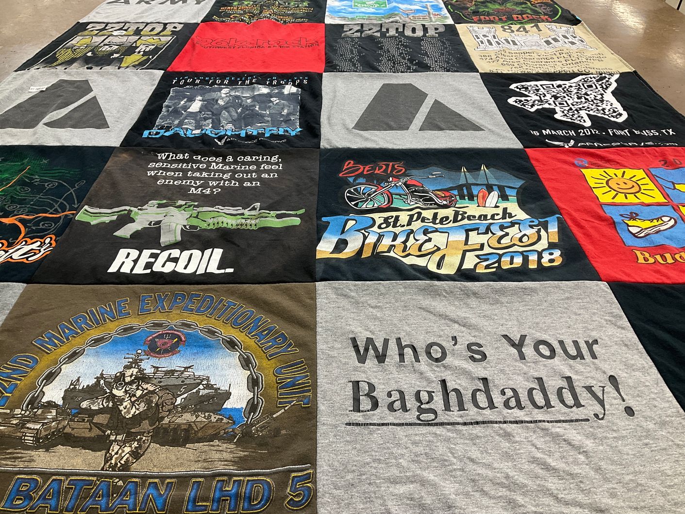 T-shirt quilt with military, motorcycles themes by Heather from FL