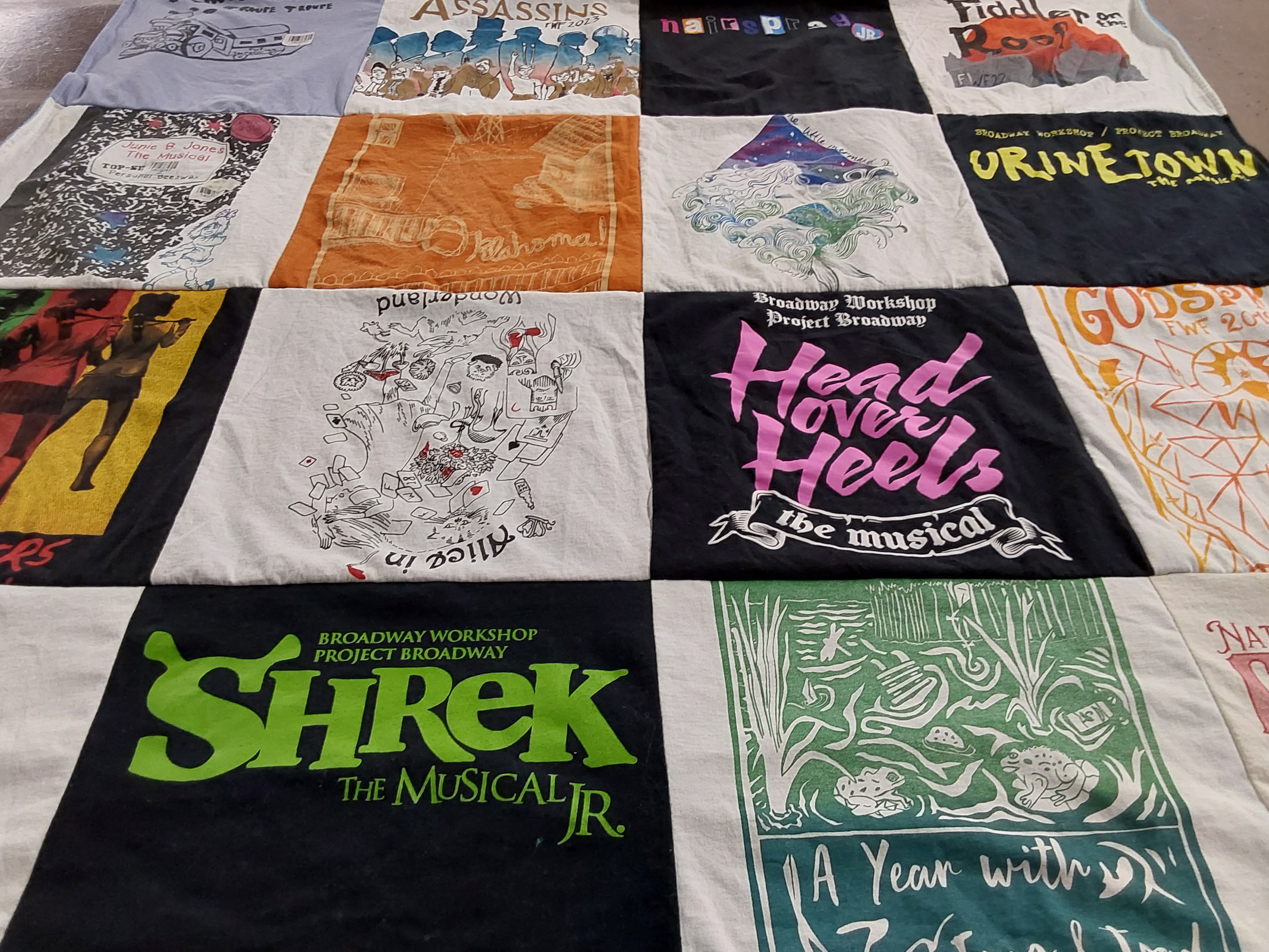 T-shirt quilt with musicals, theater themes by Elisabeth from NY
