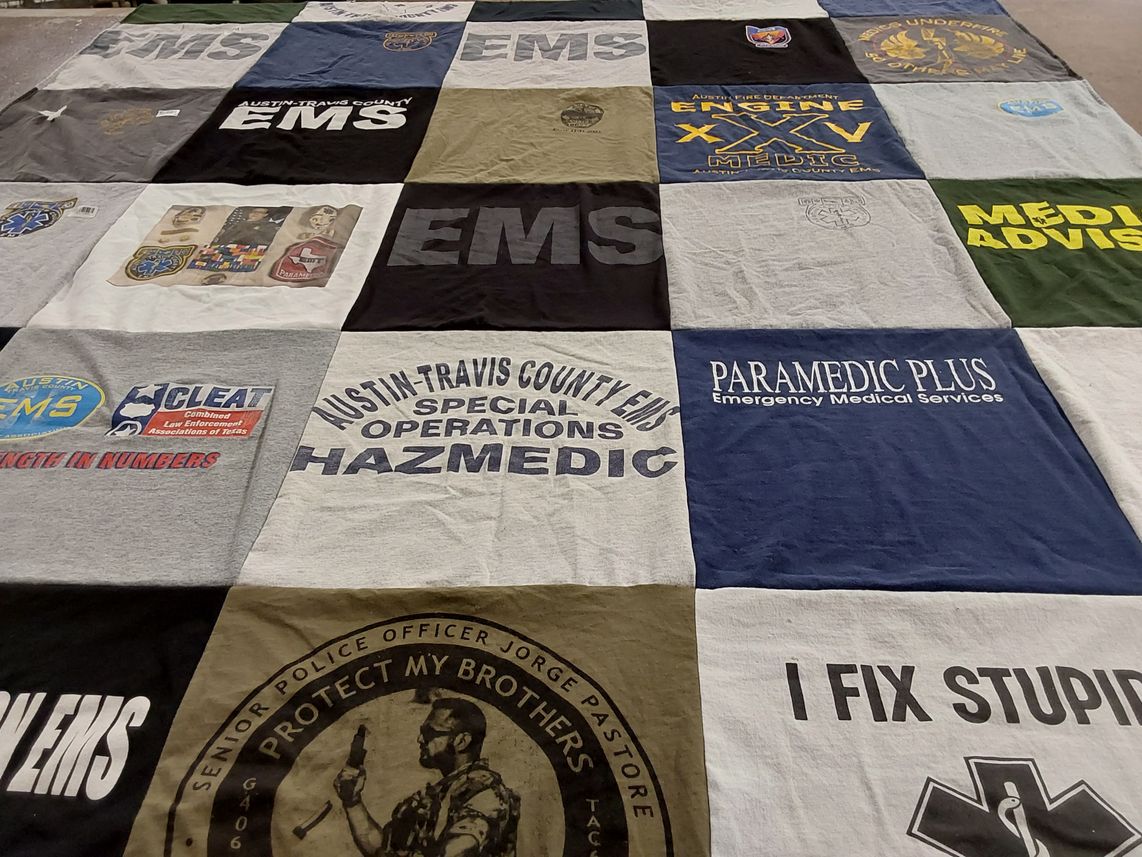 T-shirt quilt with emergency medical services, law enforcement themes by Scott from TX