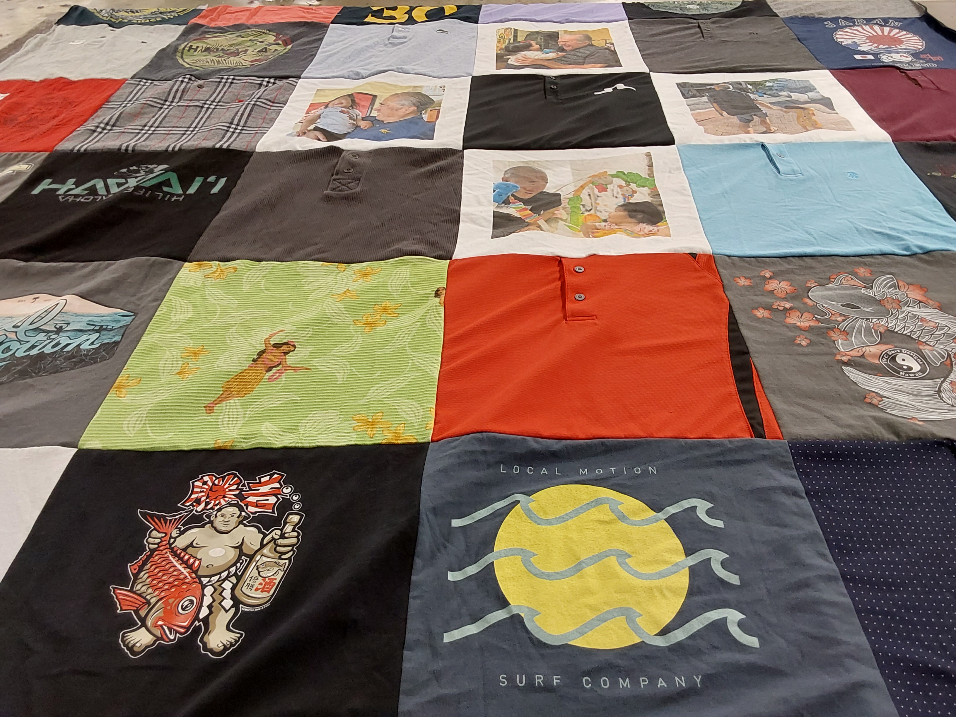 T-shirt quilt with surfing, photography themes by Elenor from CA