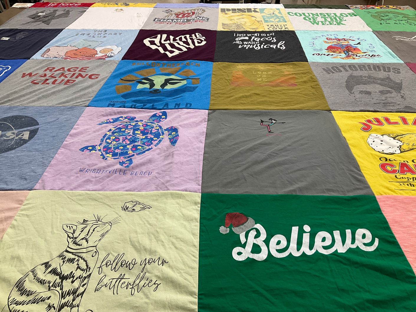 T-shirt quilt with beach, cats themes by Amy from VA